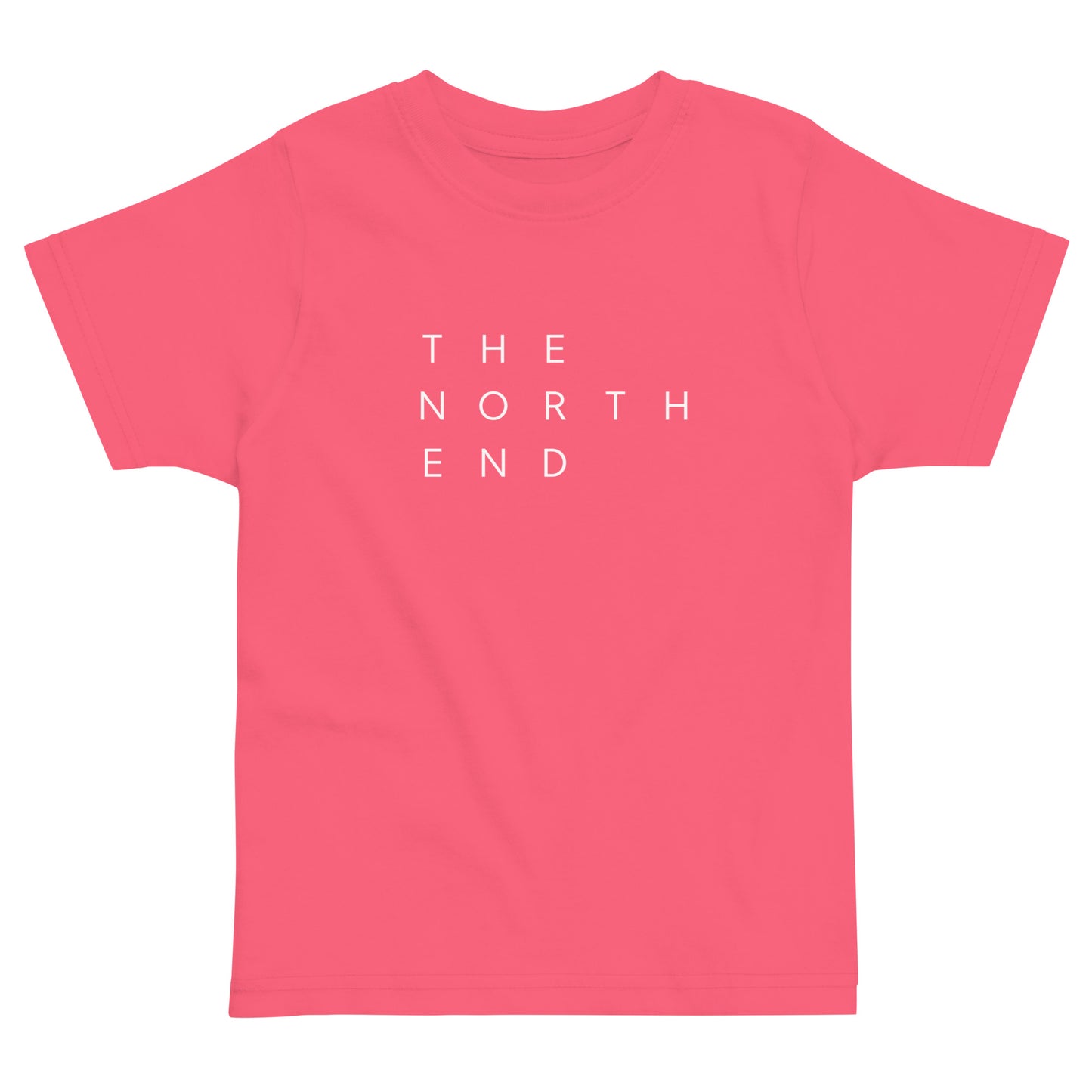 hot pink t-shirt with the text "The North End " in white.