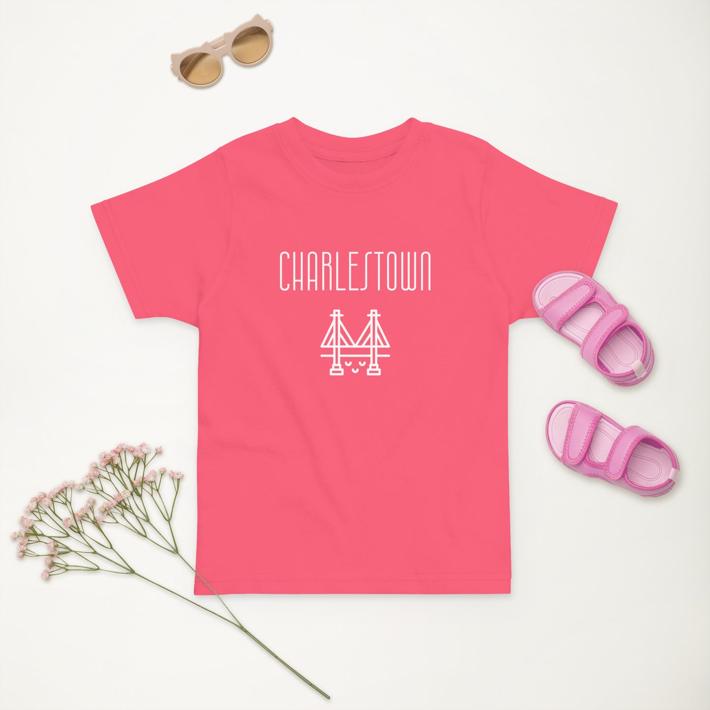 Charlestown, Boston MA suspension bridge t shirt (toddler), hot pink