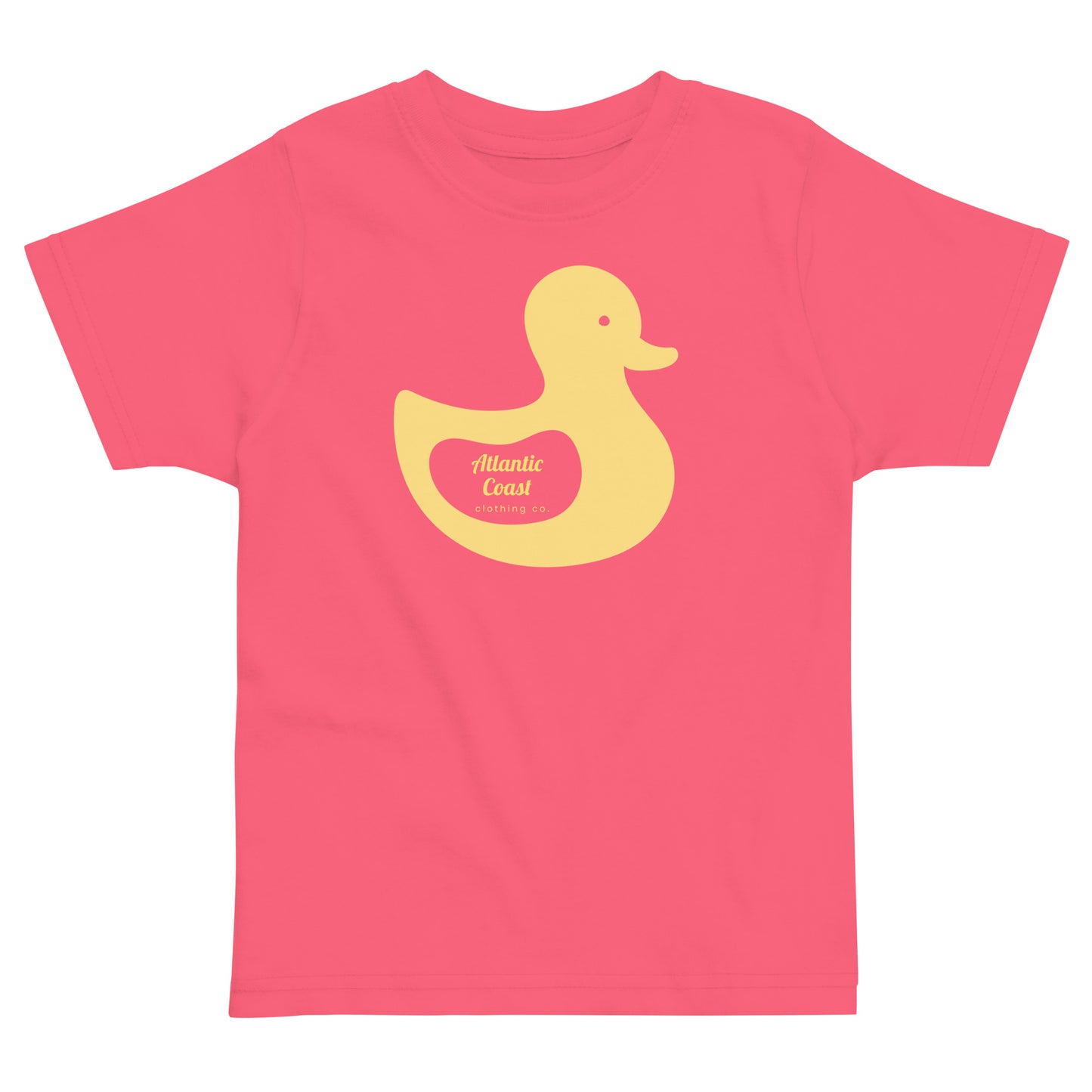 t-shirt with yellow duck image on front. Text in yellow that says "Atlantic Coast Clothing Co"-pink shirt