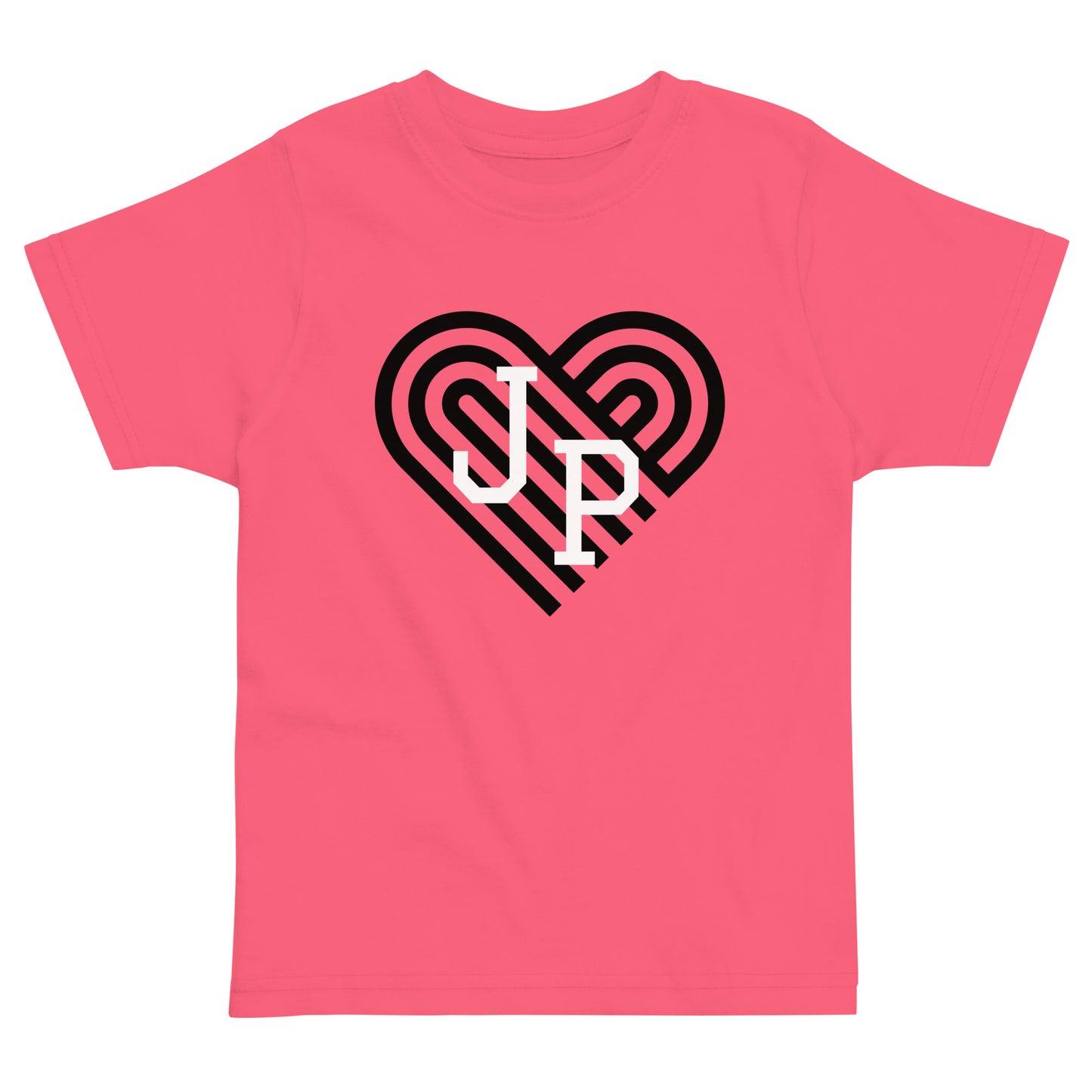 Jamaica Plain T shirt, with black heart behind "JP" letters in white. The shirt is pink..