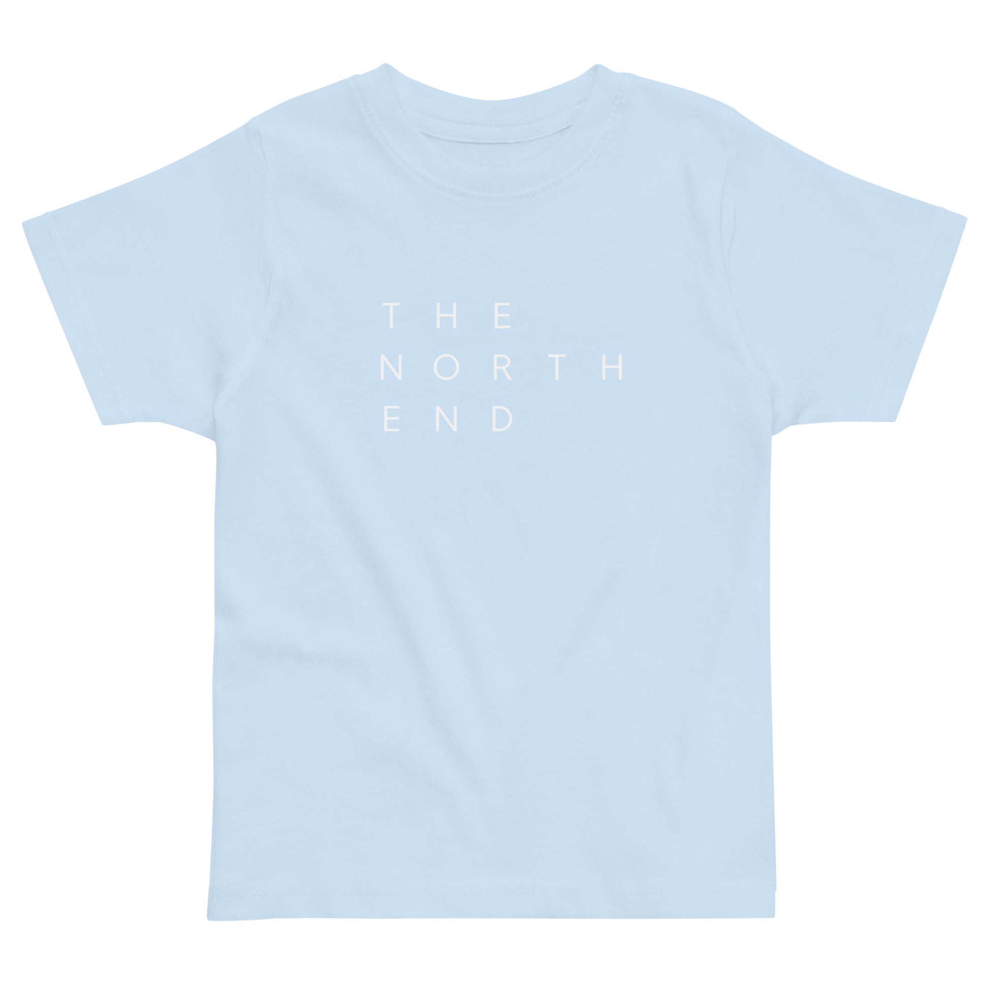 light blue t-shirt with the text "The North End " in white.