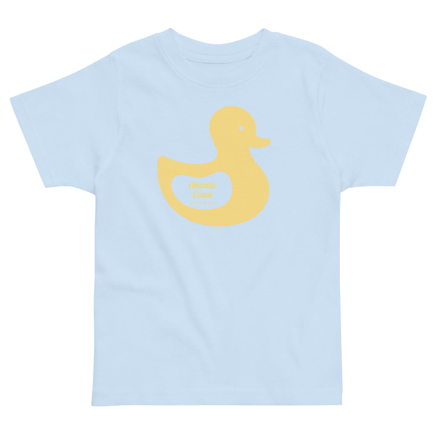 t-shirt with yellow duck image on front. Text in yellow that says "Atlantic Coast Clothing Co"-blue shirt