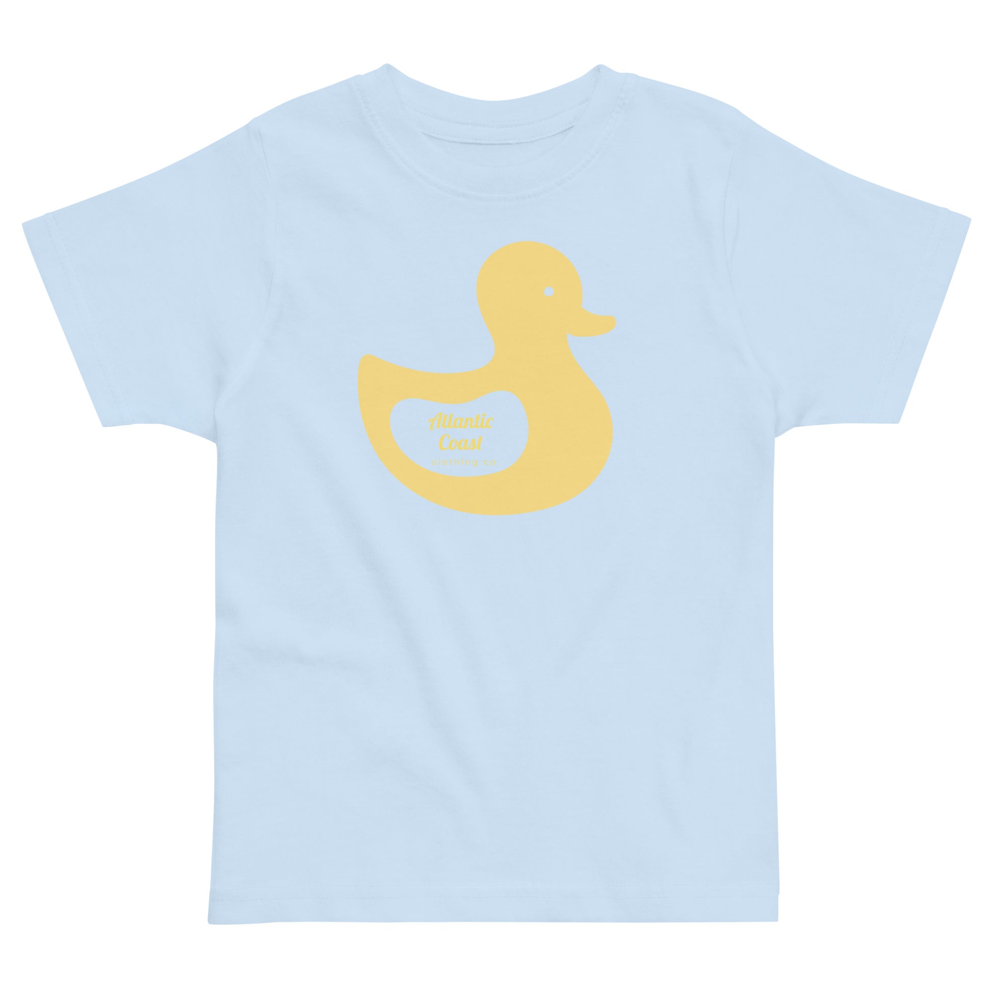 t-shirt with yellow duck image on front. Text in yellow that says "Atlantic Coast Clothing Co"-blue shirt