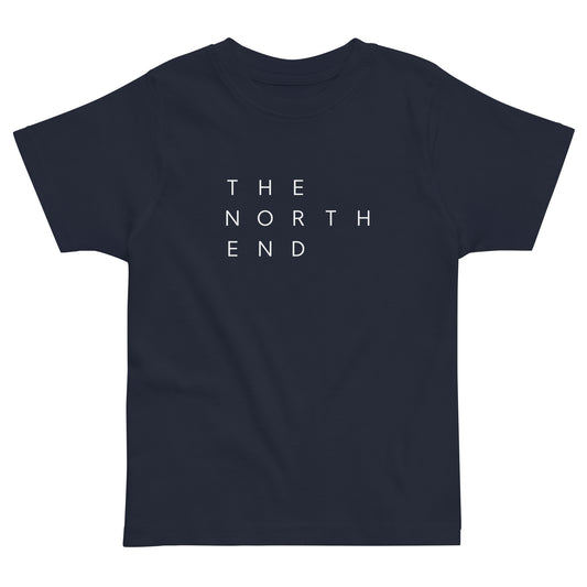 navy t-shirt with the text "The North End " in white.