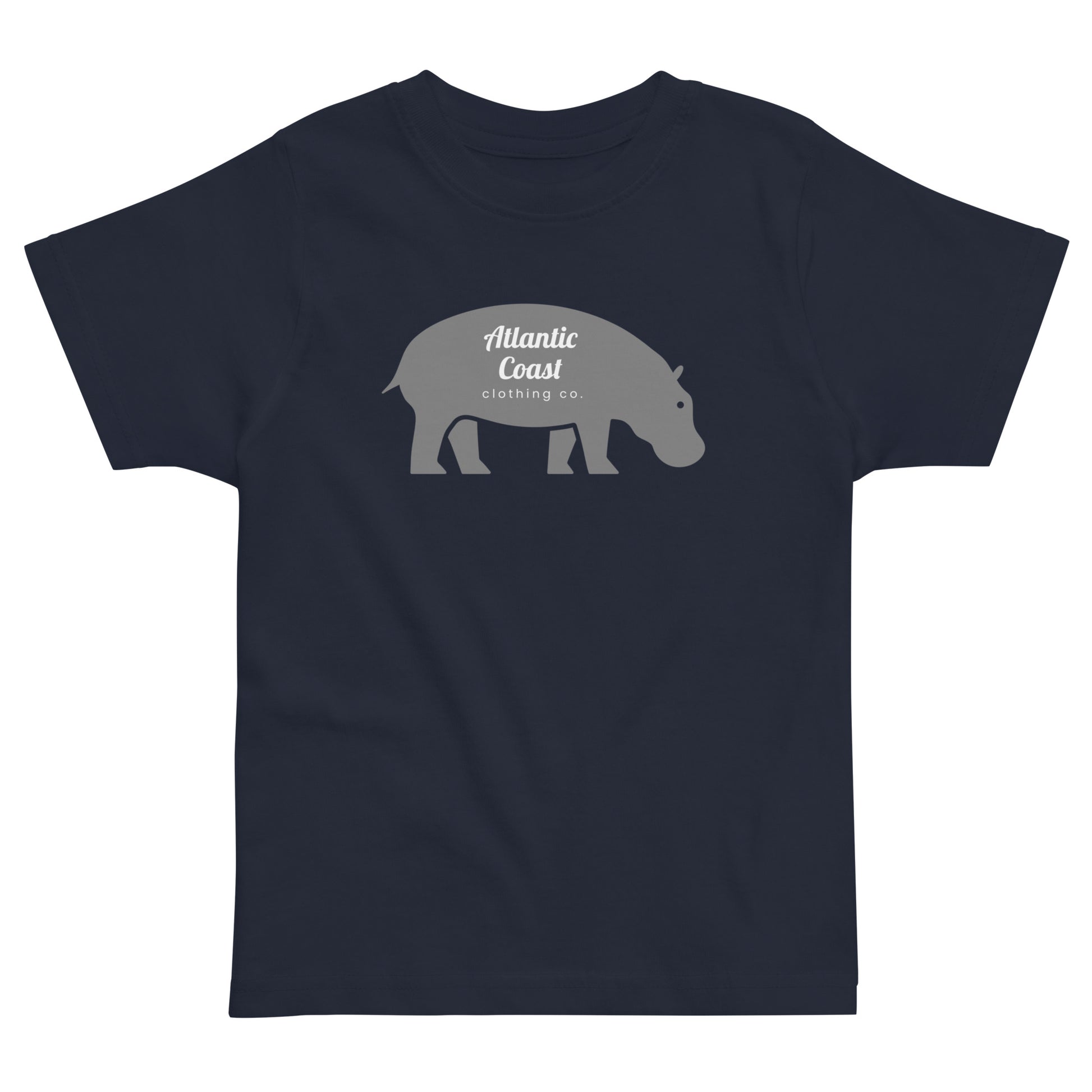 grey hippo on a blue shirt, atlantic coast clothing company, boston ma