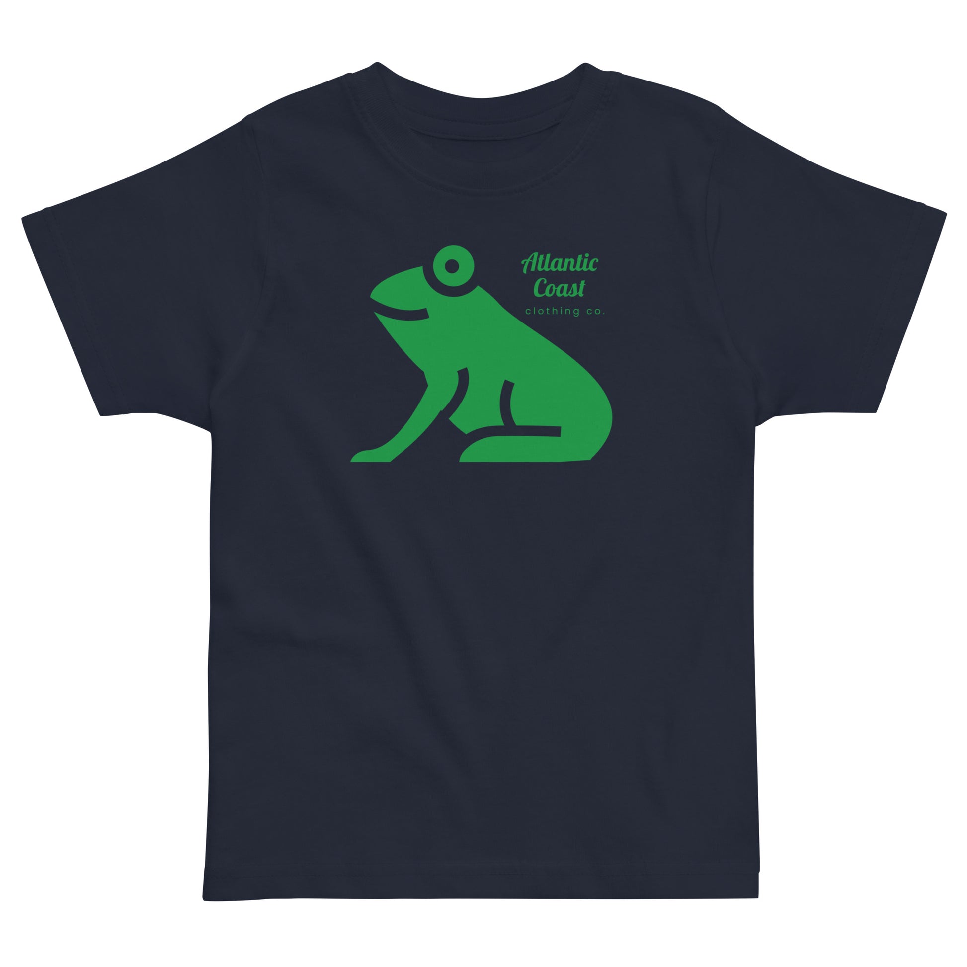 t-shirt with green frog image on front. Text in green that says "Atlantic Coast Clothing Co"- navy shirt