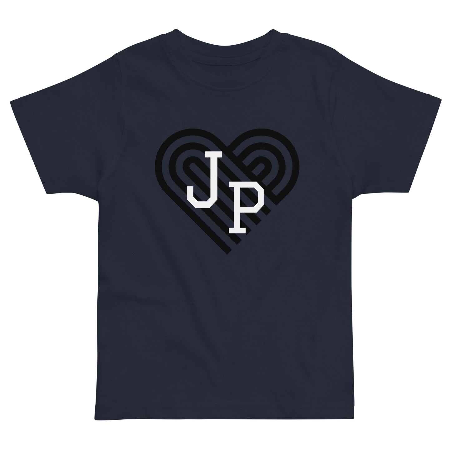 Jamaica Plain T shirt, with black heart behind "JP" letters in white. The shirt is blue.