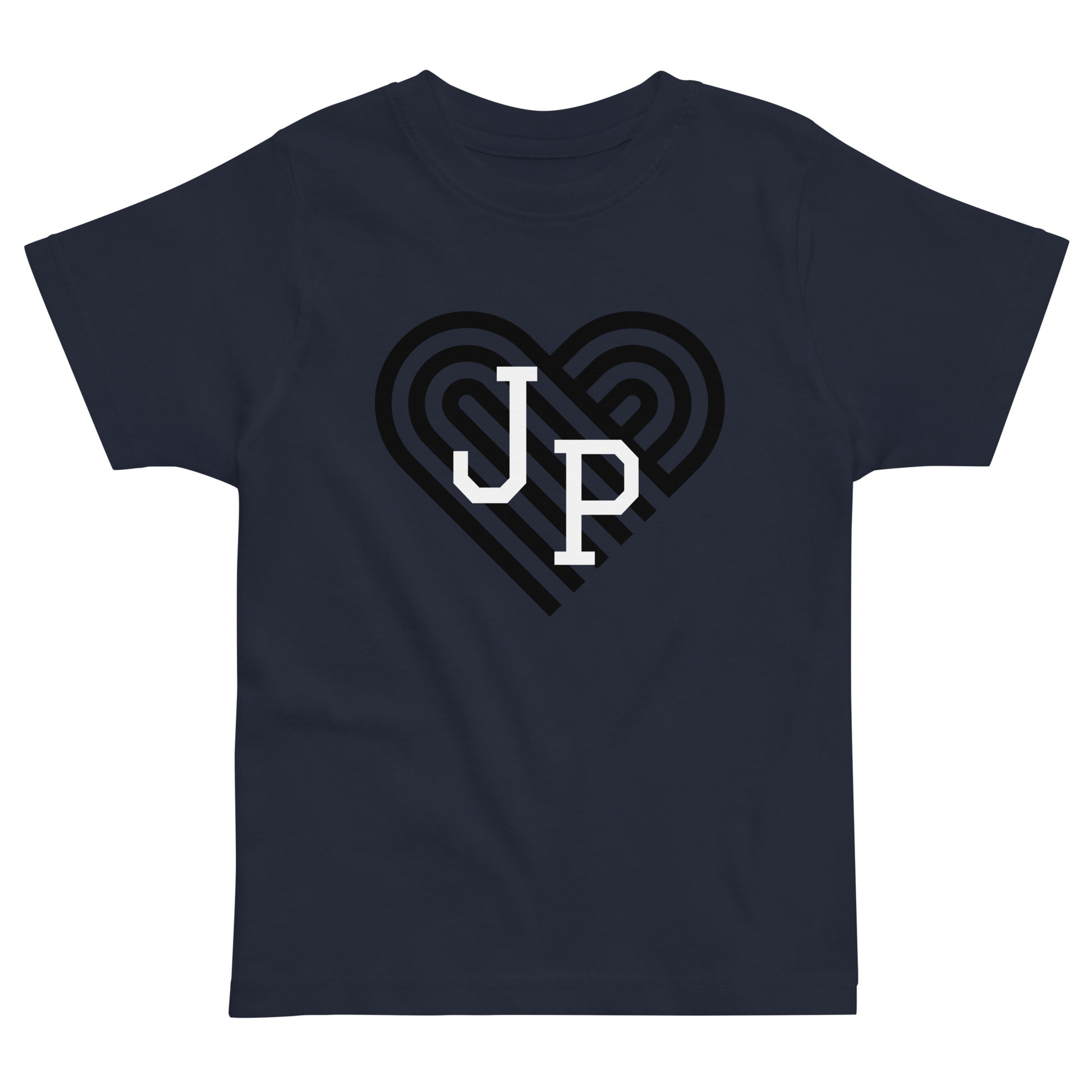 Jamaica Plain T shirt, with black heart behind "JP" letters in white. The shirt is blue.