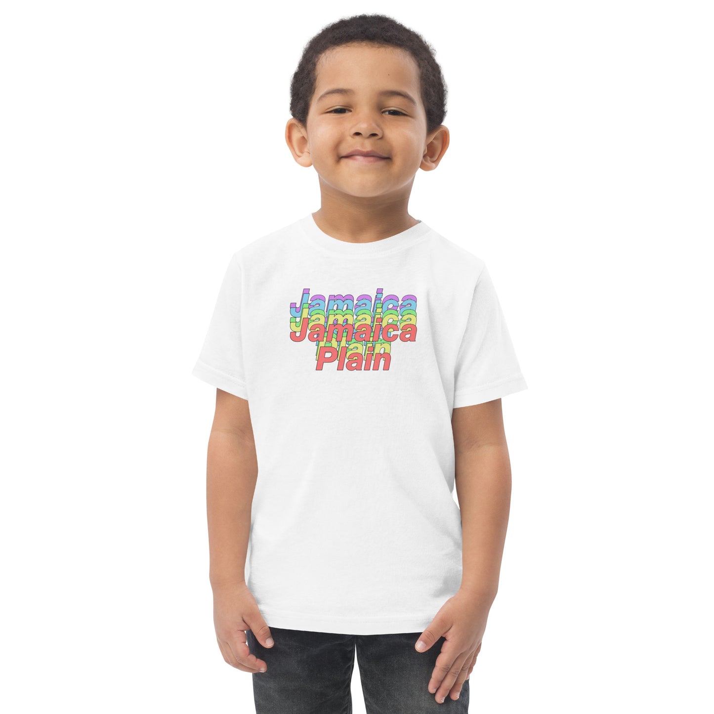 Rainbows in Jamaica Plain, Boston t shirt, toddler size, white, on model