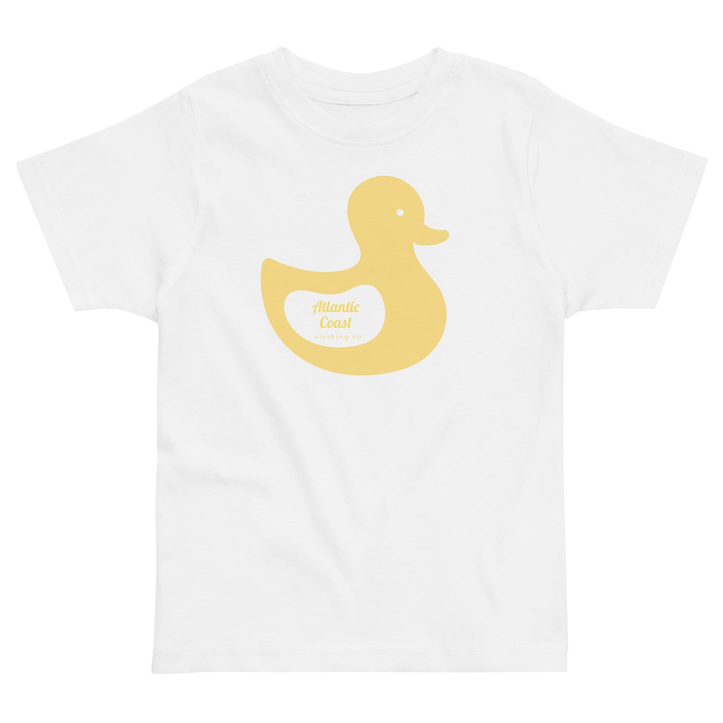 t-shirt with yellow duck image on front. Text in yellow that says "Atlantic Coast Clothing Co"-white shirt