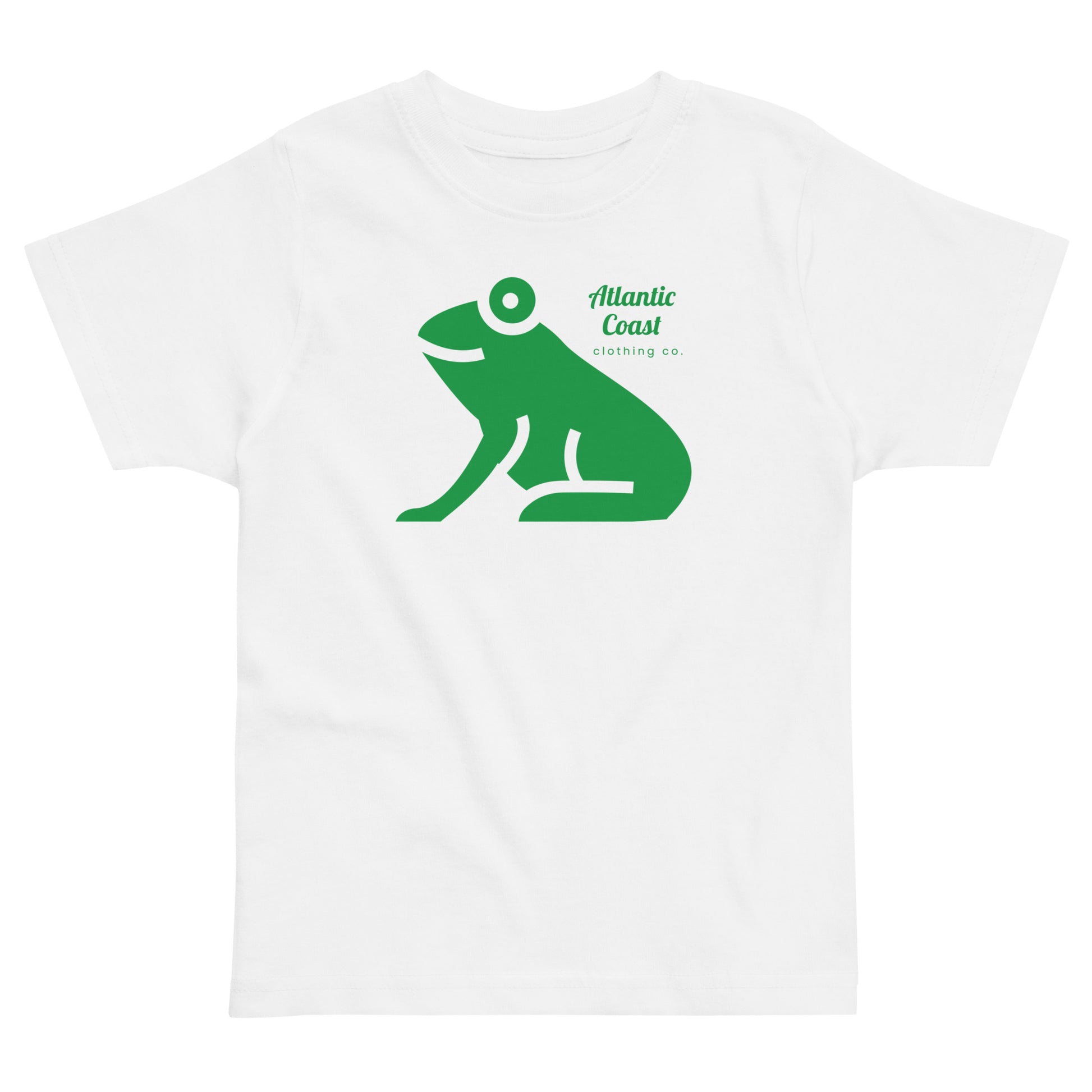 t-shirt with green frog image on front. Text in green that says "Atlantic Coast Clothing Co"- white shirt