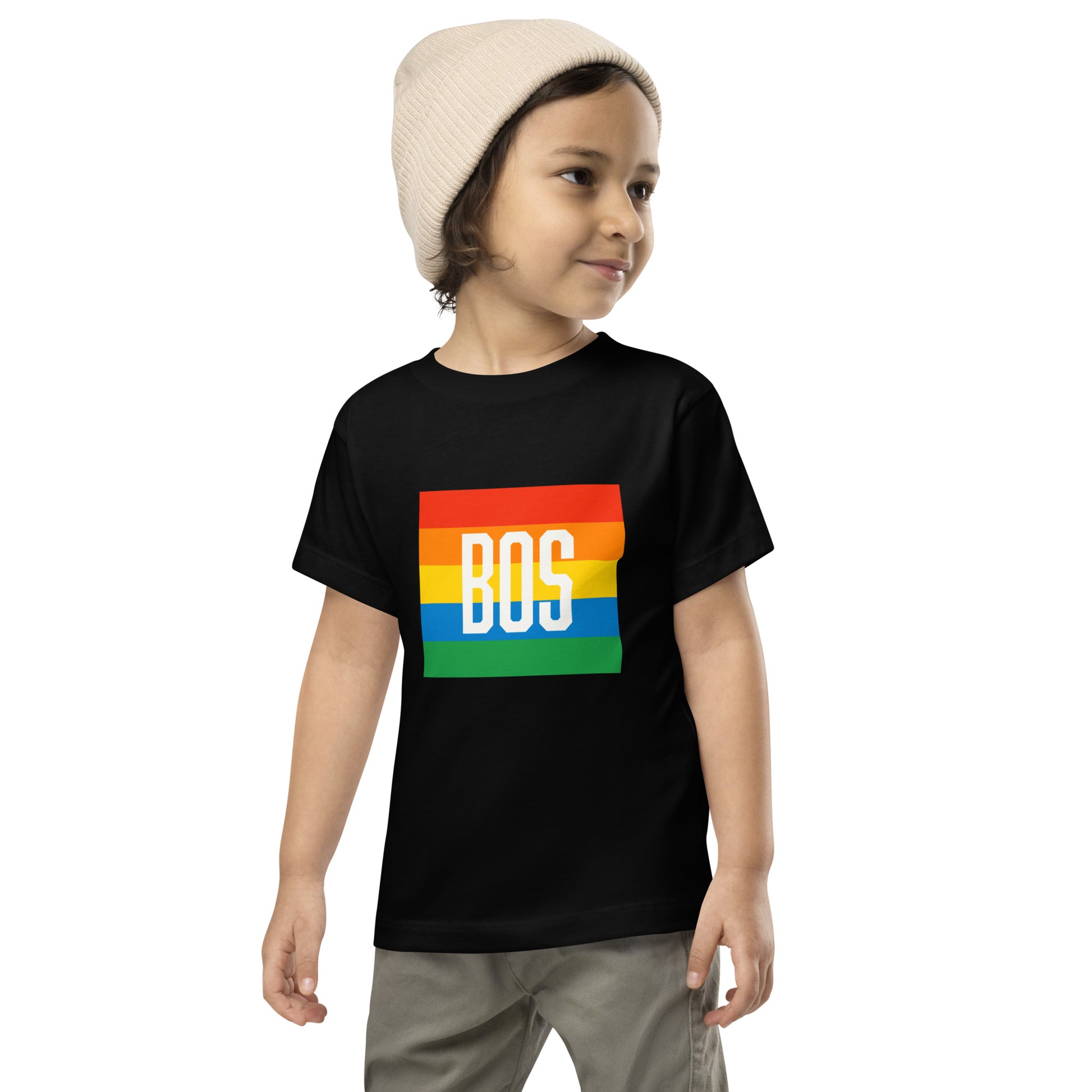 Boston "BOS" Pride T shirt (Toddler), black, on model