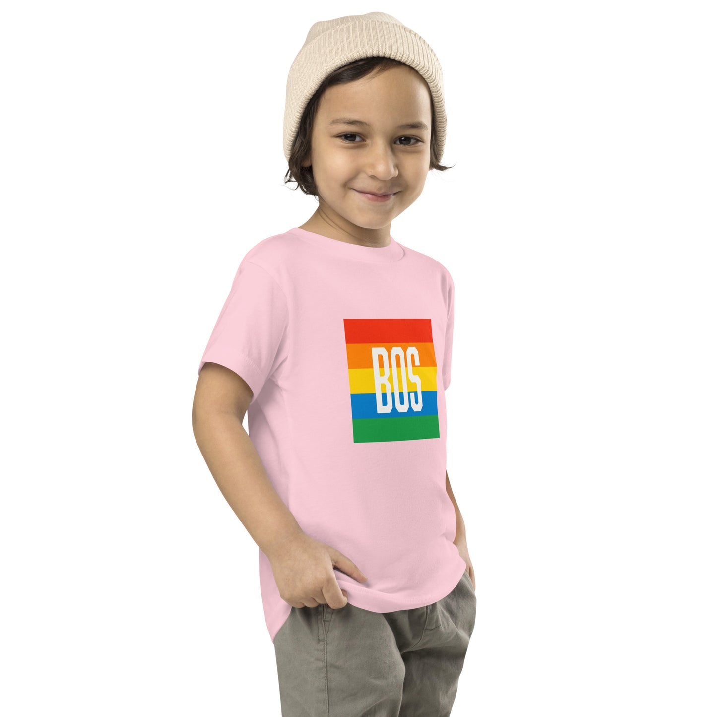 Boston "BOS" Pride T shirt (Toddler), pink, on model