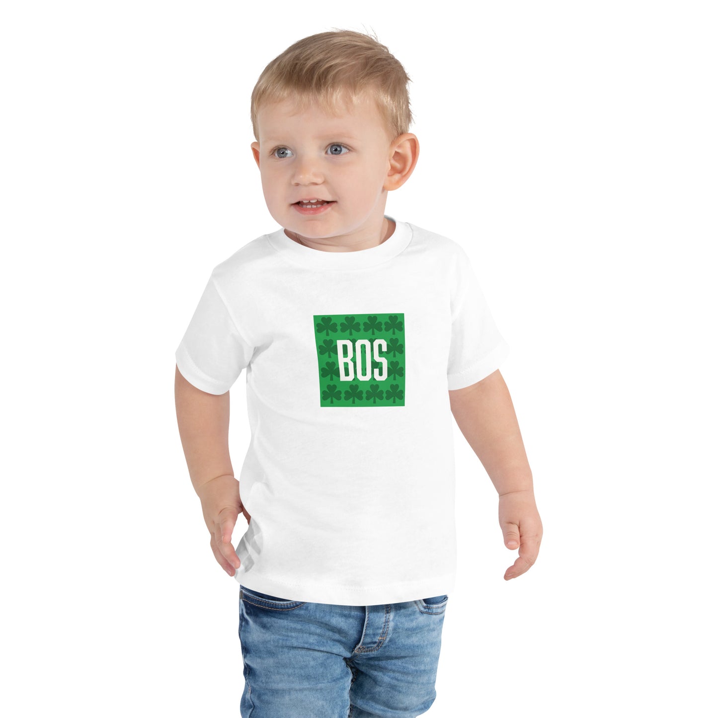 Boston "BOS" (toddler) t shirt with green shamrocks, white, on model