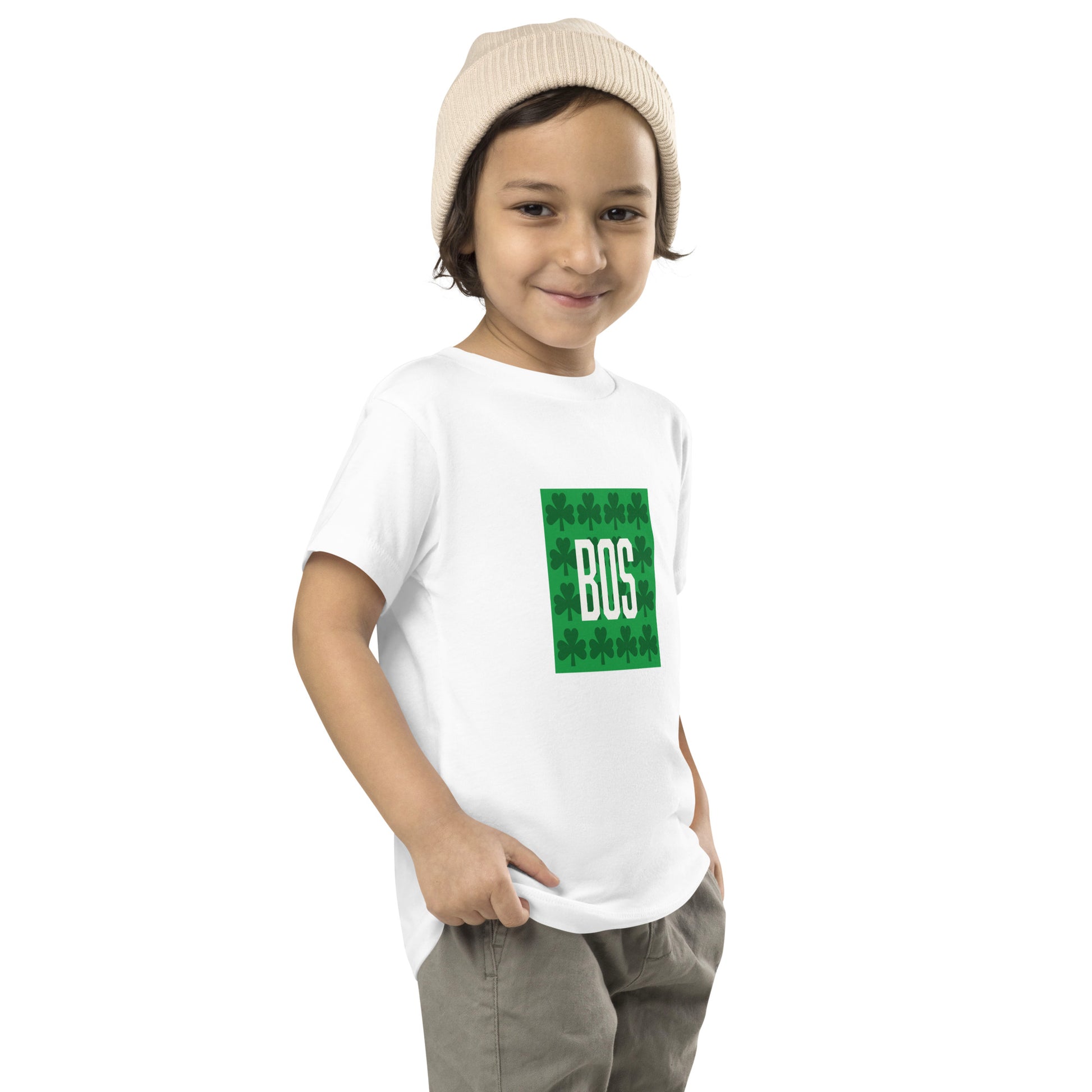 Boston "BOS" (toddler) t shirt with green shamrocks, white, on model