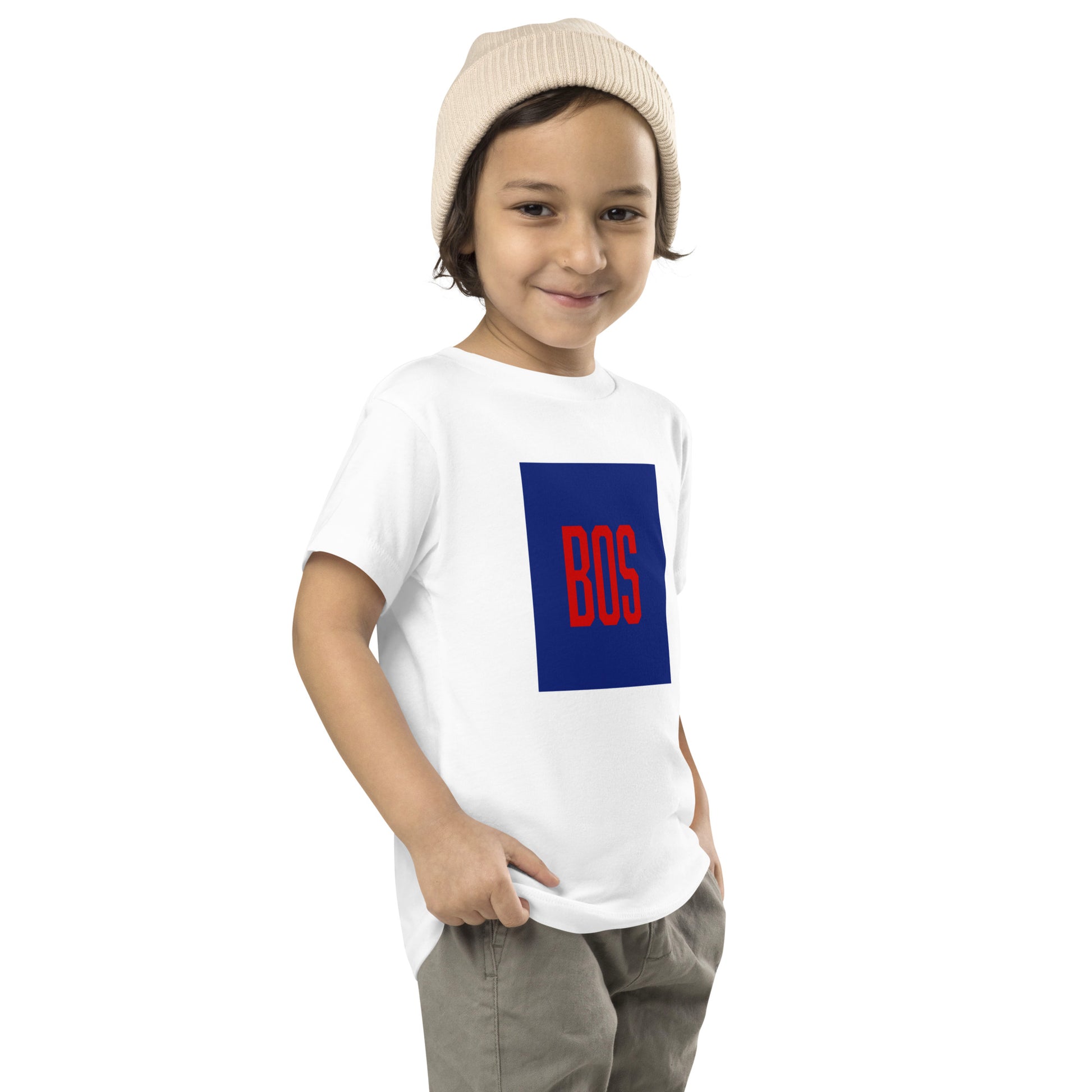 Youth Boston "BOS" T Shirt, white, on model