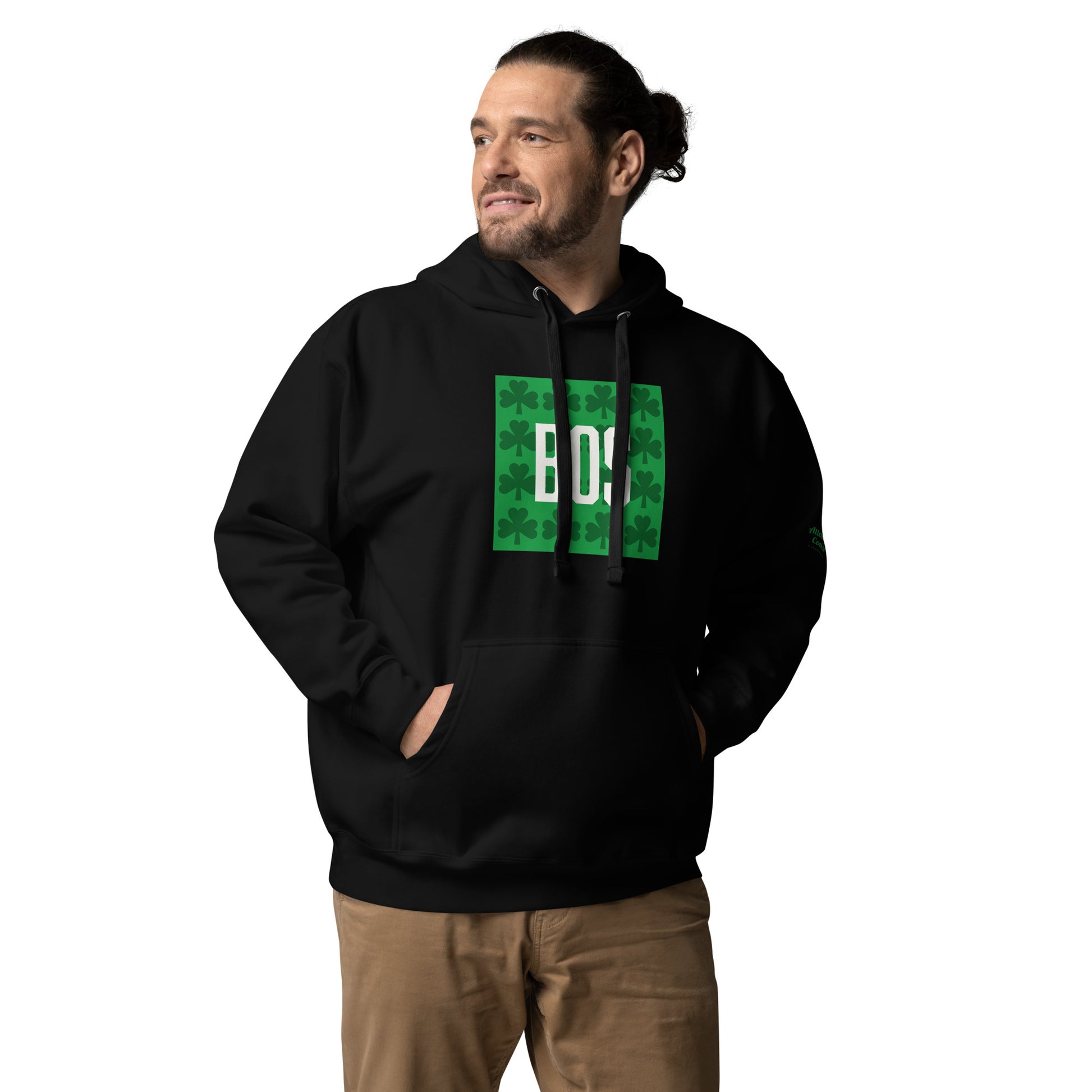 Boston "BOS" Hoodie with Green Shamrocks- black, on model