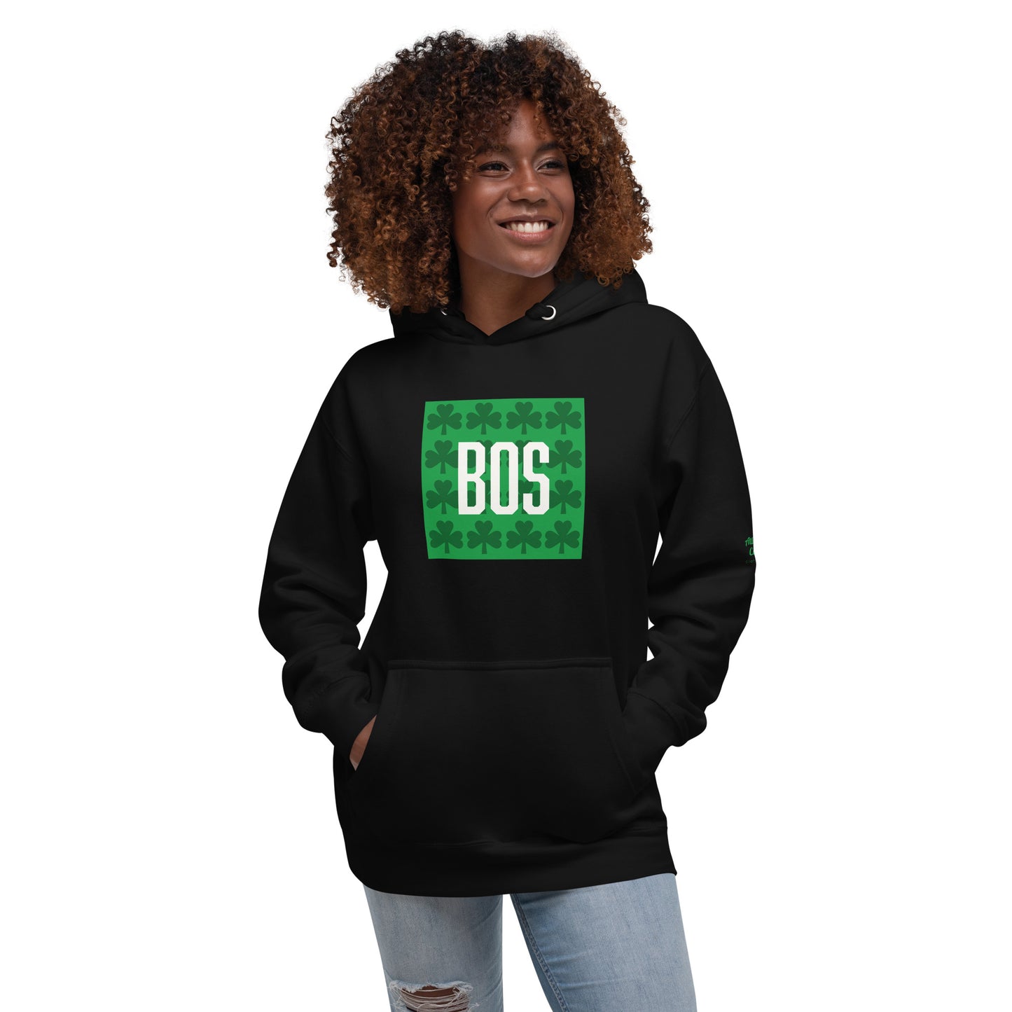 Boston "BOS" Hoodie with Green Shamrocks- black, on model