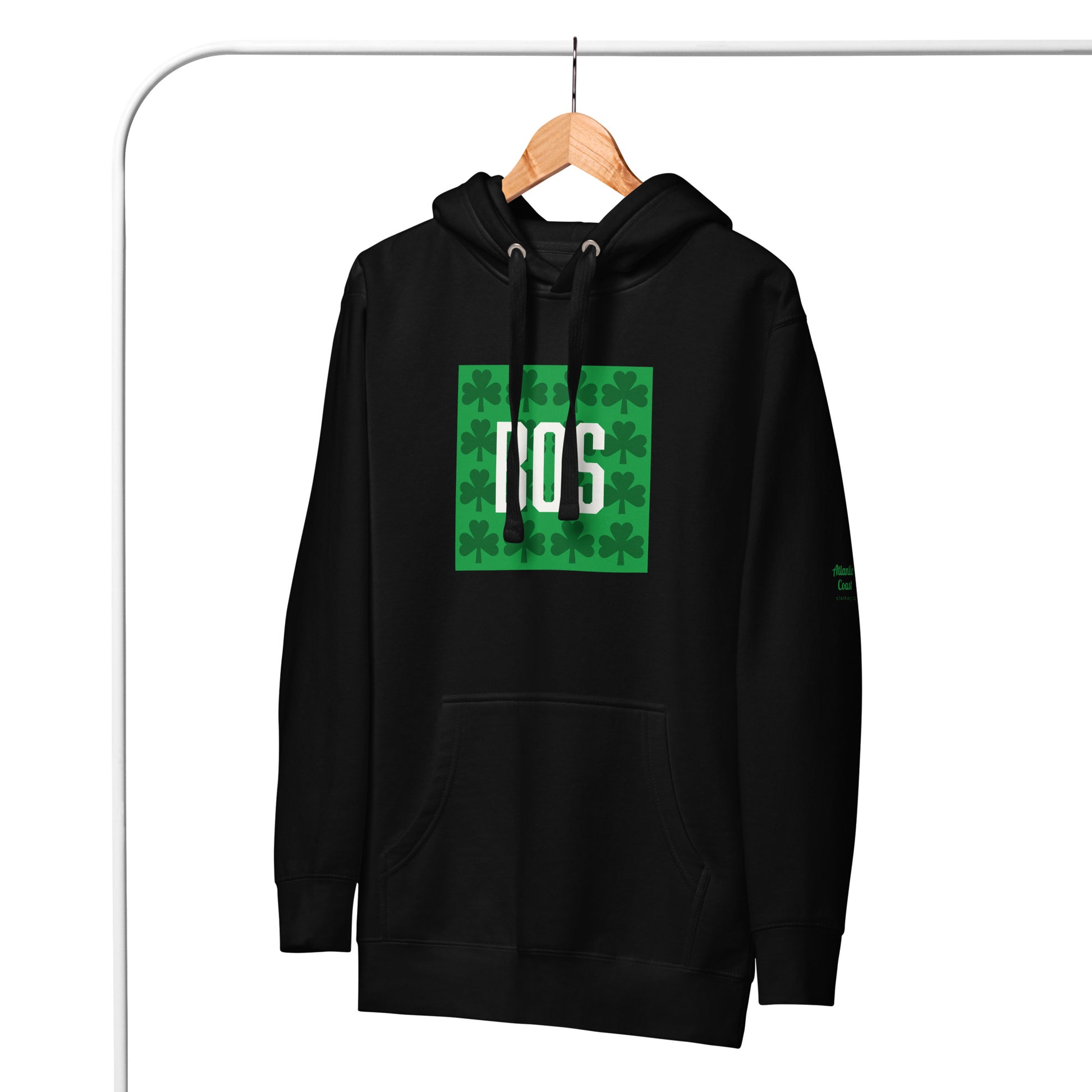 Boston "BOS" Hoodie with Green Shamrocks- black