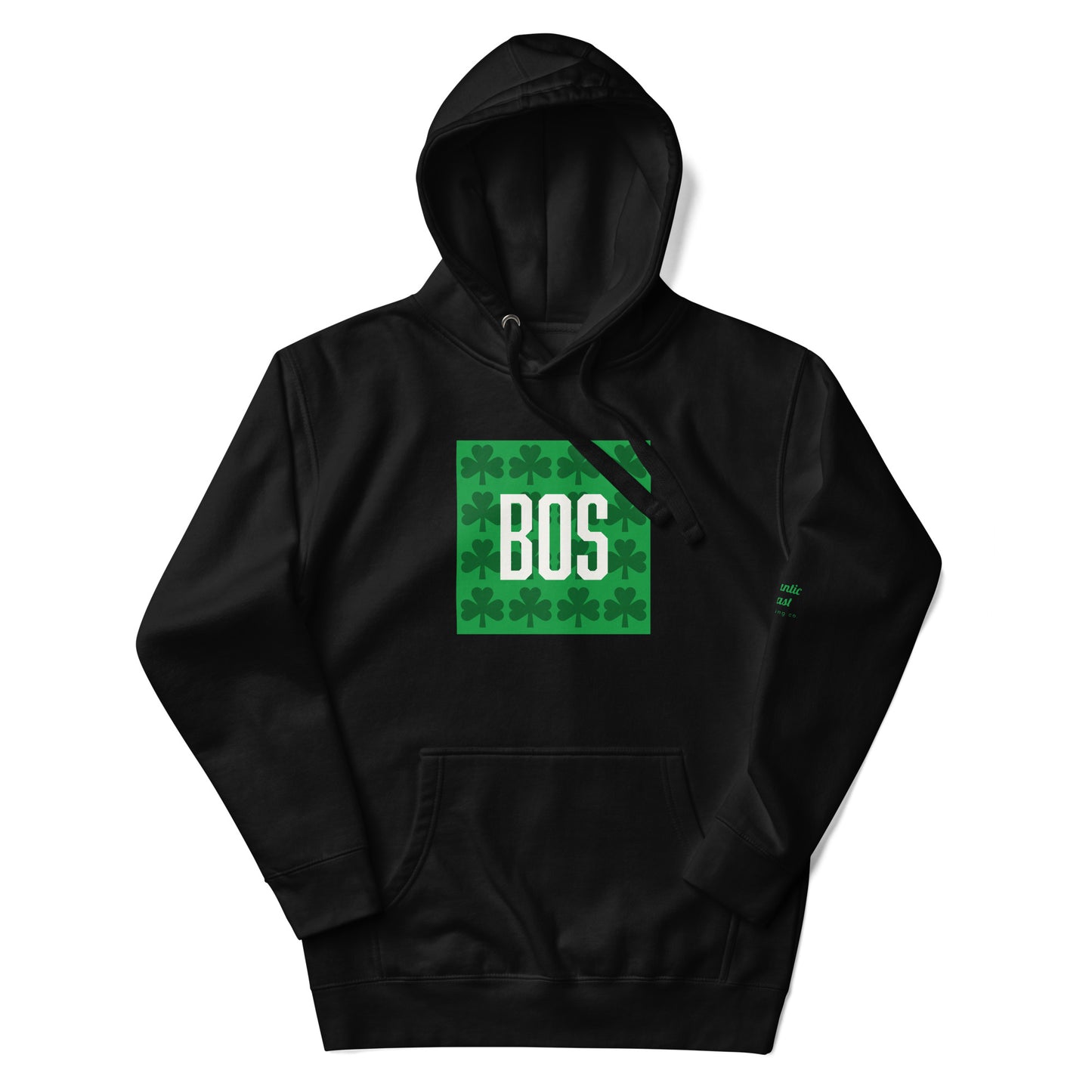 Boston "BOS" Hoodie with Green Shamrocks- black