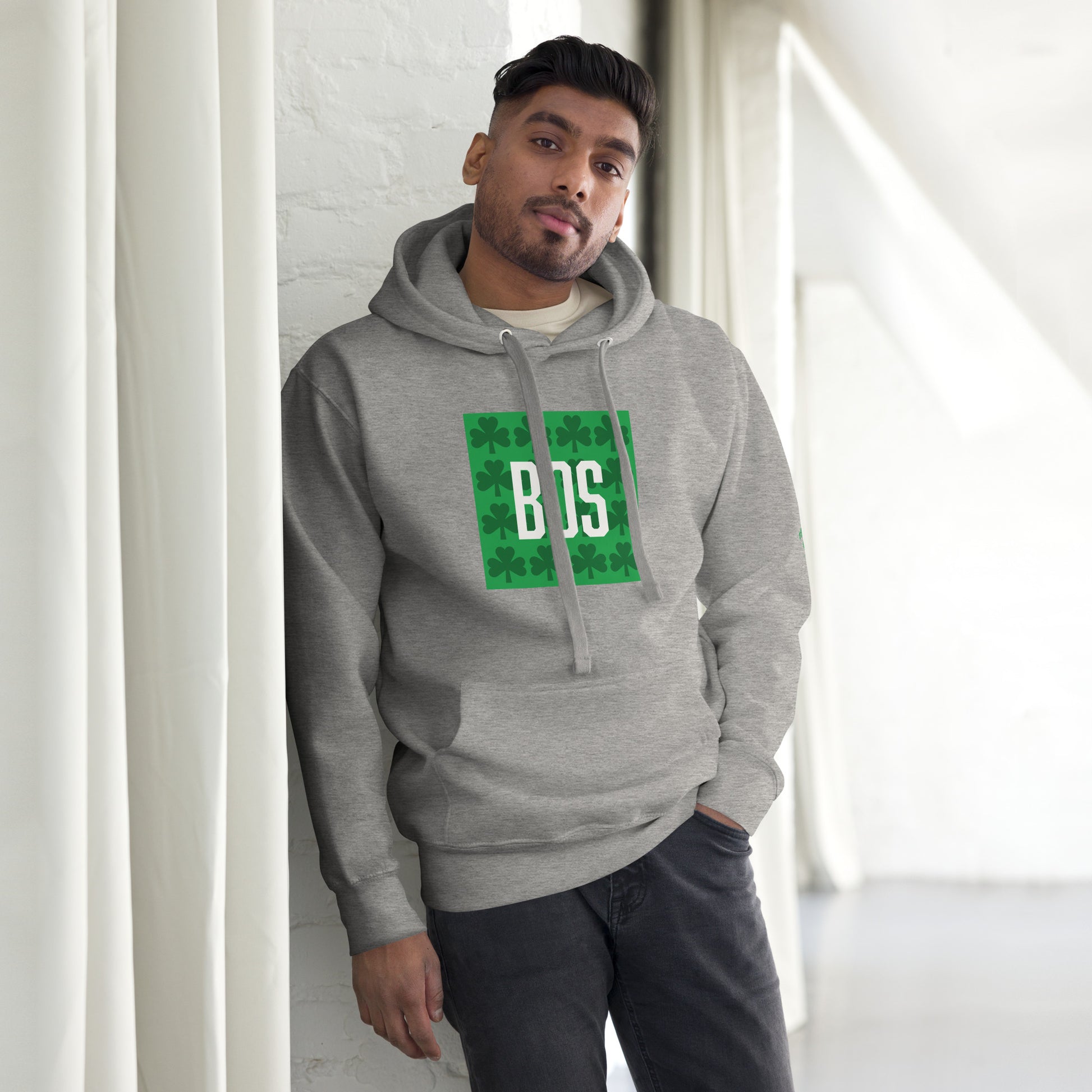 Boston "BOS" Hoodie with Green Shamrocks- grey