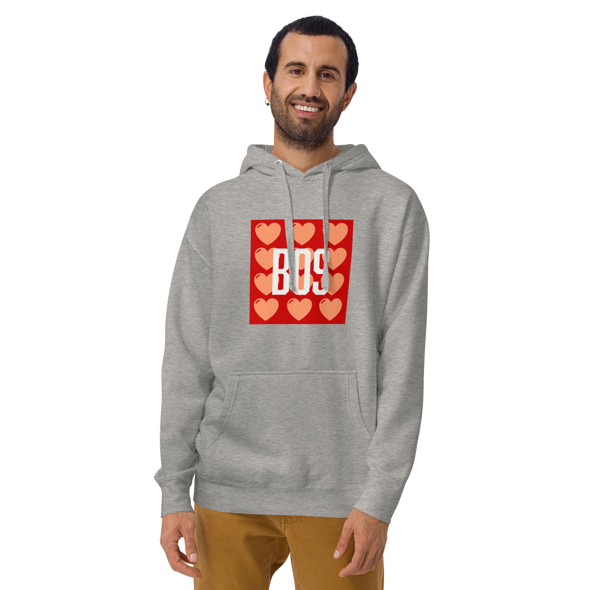 Boston "BOS" Hoodie with red/pink hearts- grey