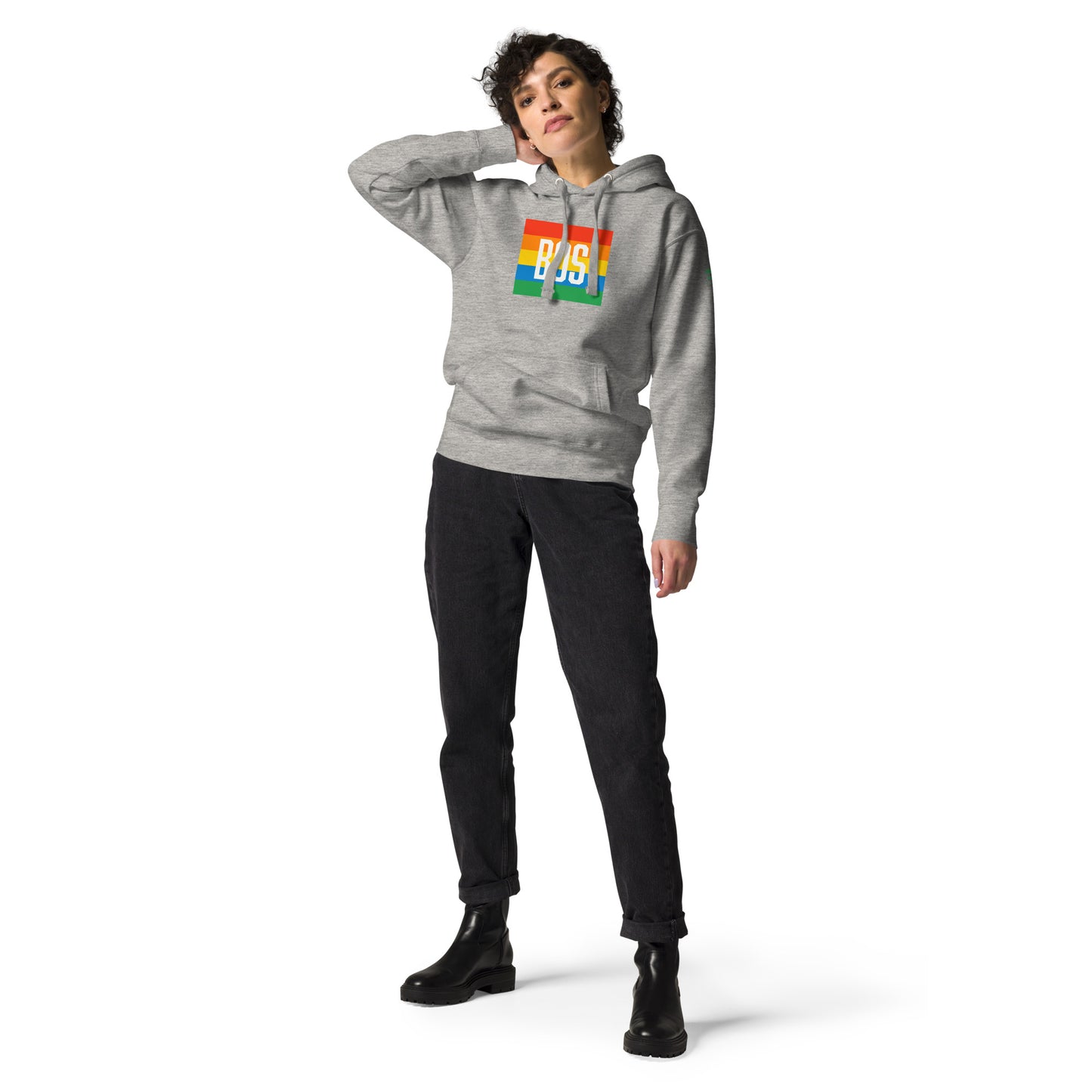 Boston "BOS" Hoodie, pride rainbow- grey, on model