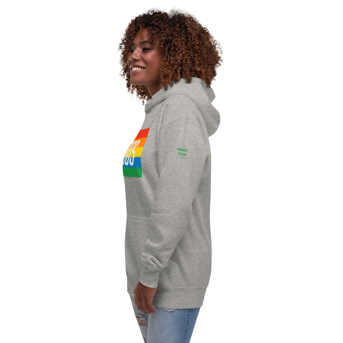 Boston "BOS" Hoodie, pride rainbow- grey, on model