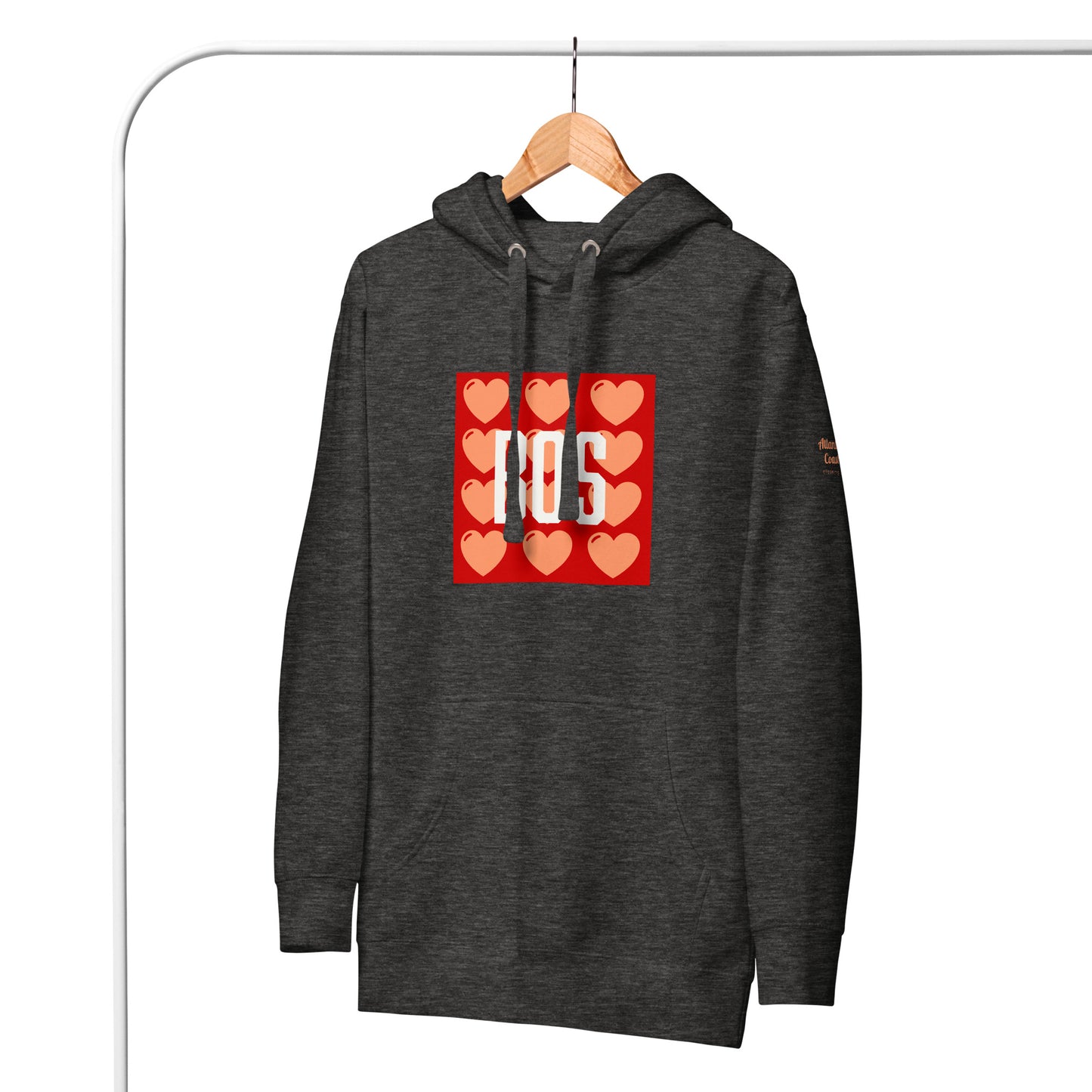 Boston "BOS" Hoodie with red/pink hearts- dark grey