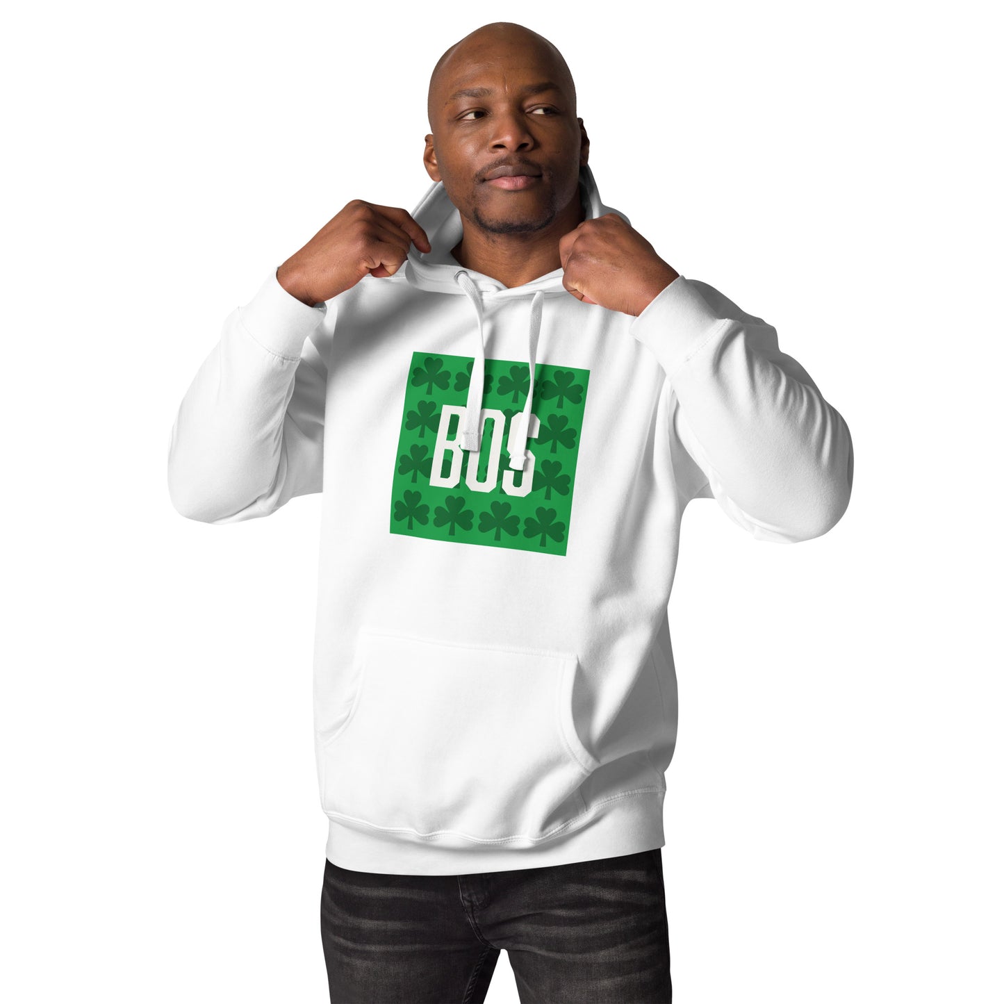 Boston "BOS" Hoodie with Green Shamrocks- white, on model