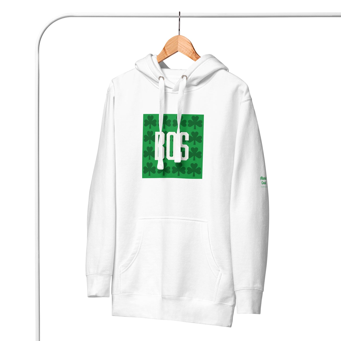 Boston "BOS" Hoodie with Green Shamrocks- white