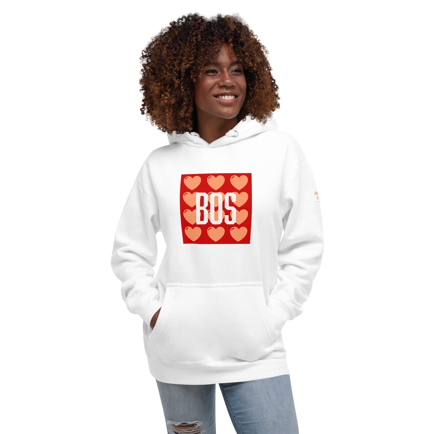 Boston "BOS" Hoodie with red/pink hearts- white, on model