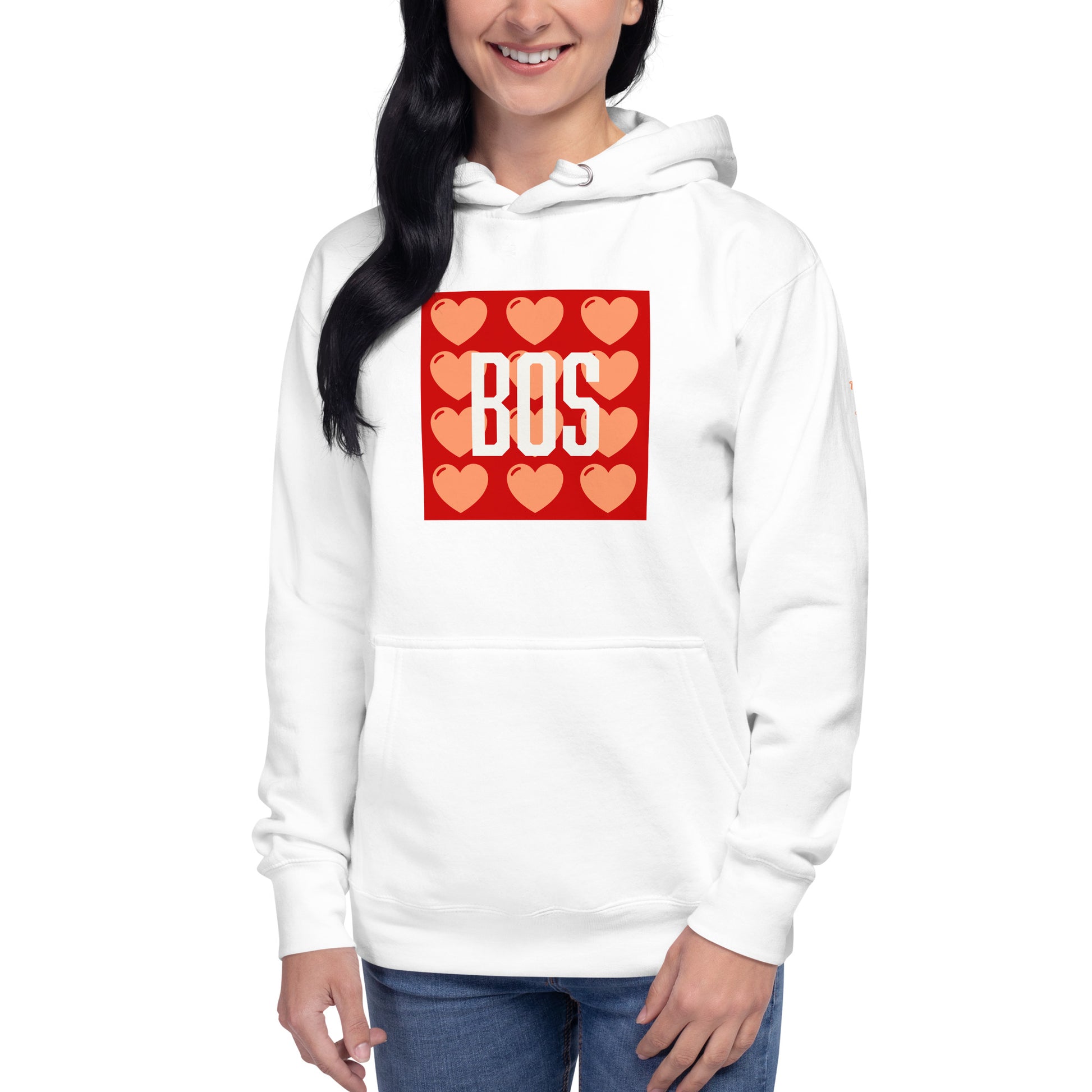 Boston "BOS" Hoodie with red/pink hearts- white, on model