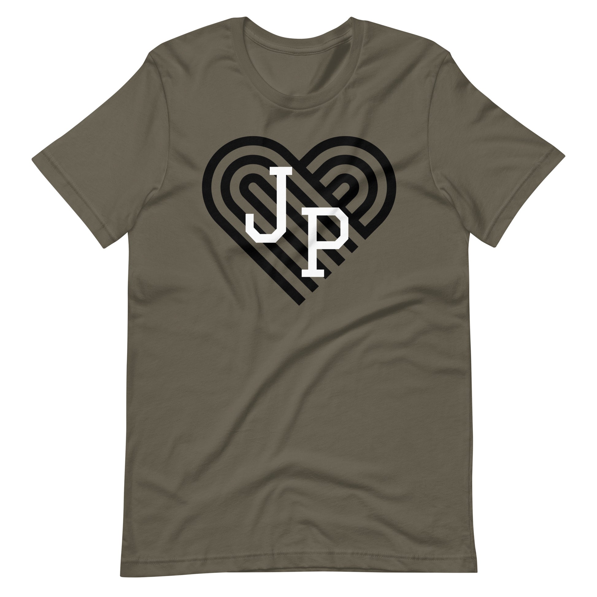 Jamaica Plain t shirt, with black heart behind "JP" letters in white. The shirt is army green..