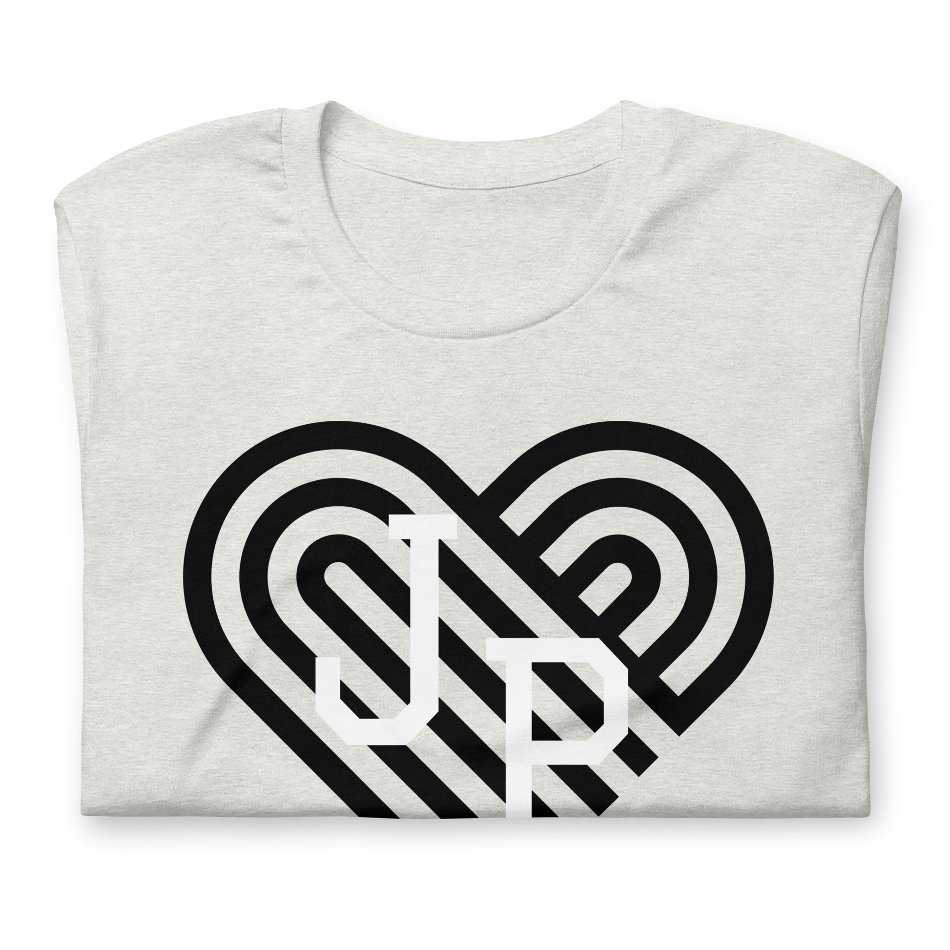 Jamaica Plain t shirt, with black heart behind "JP" letters in white. The shirt is ash grey, folded..