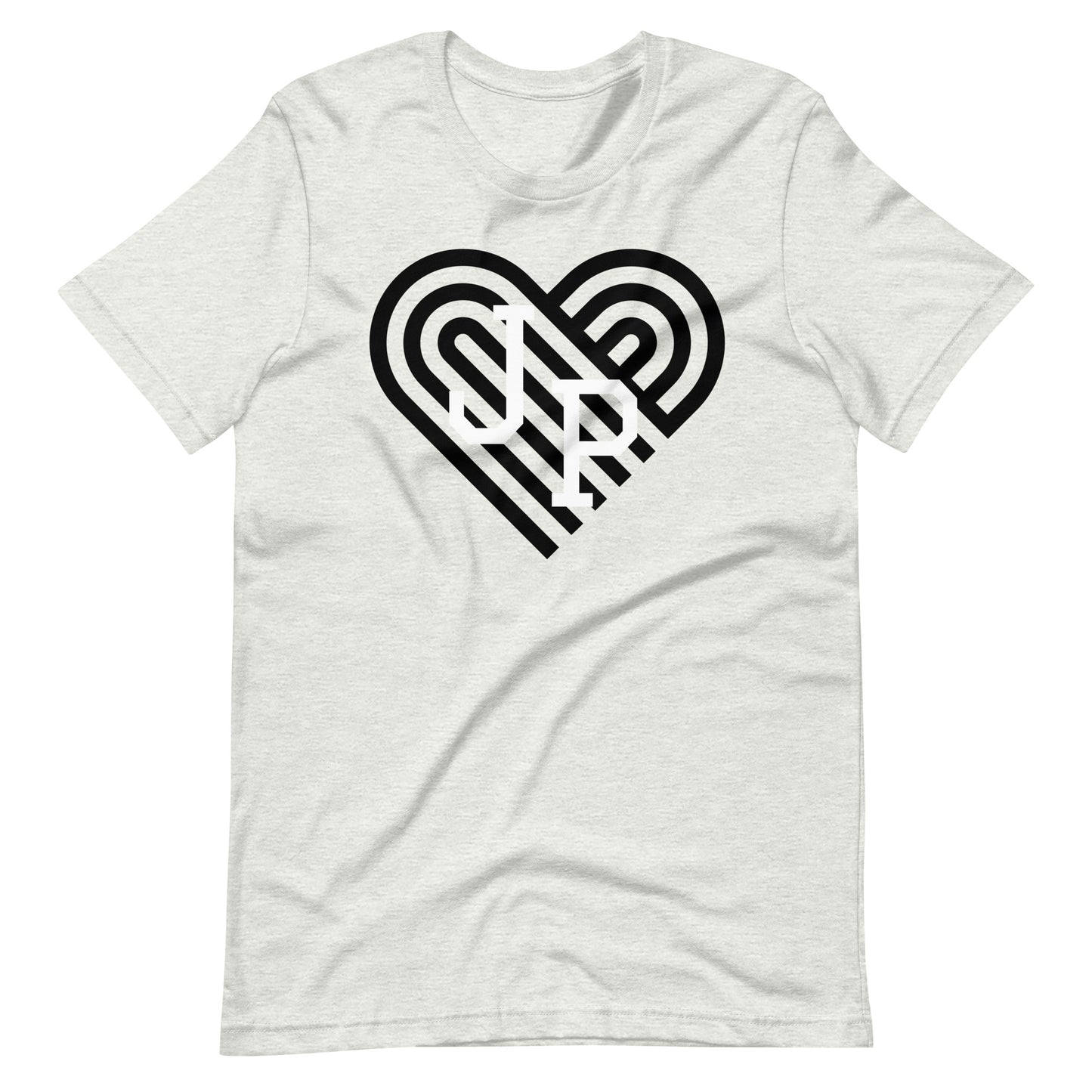 Jamaica Plain t shirt, with black heart behind "JP" letters in white. The shirt is ash grey..