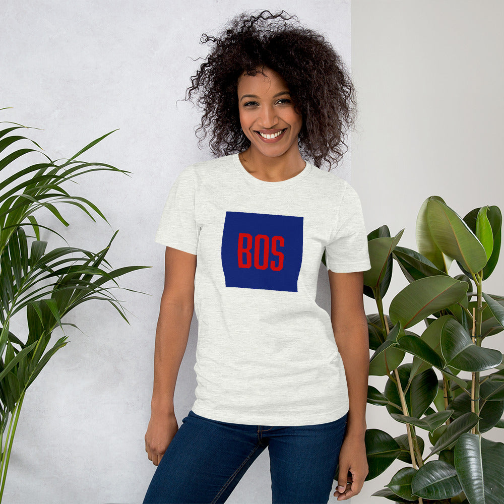 Boston t shirt with "BOS" abbreviation, white, on model