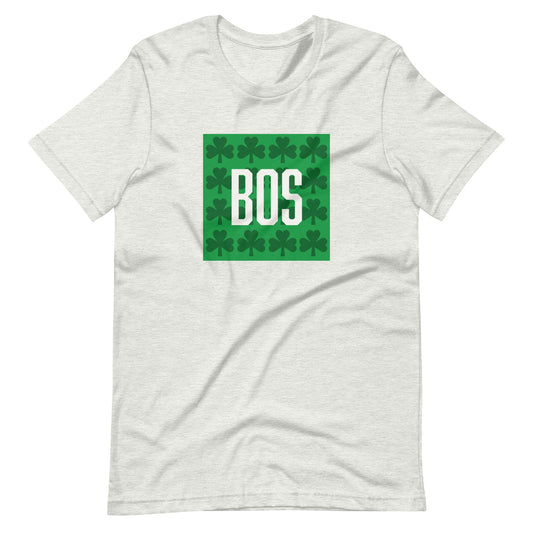 Boston T shirt, BOS abbreviation over green clovers, ash grey