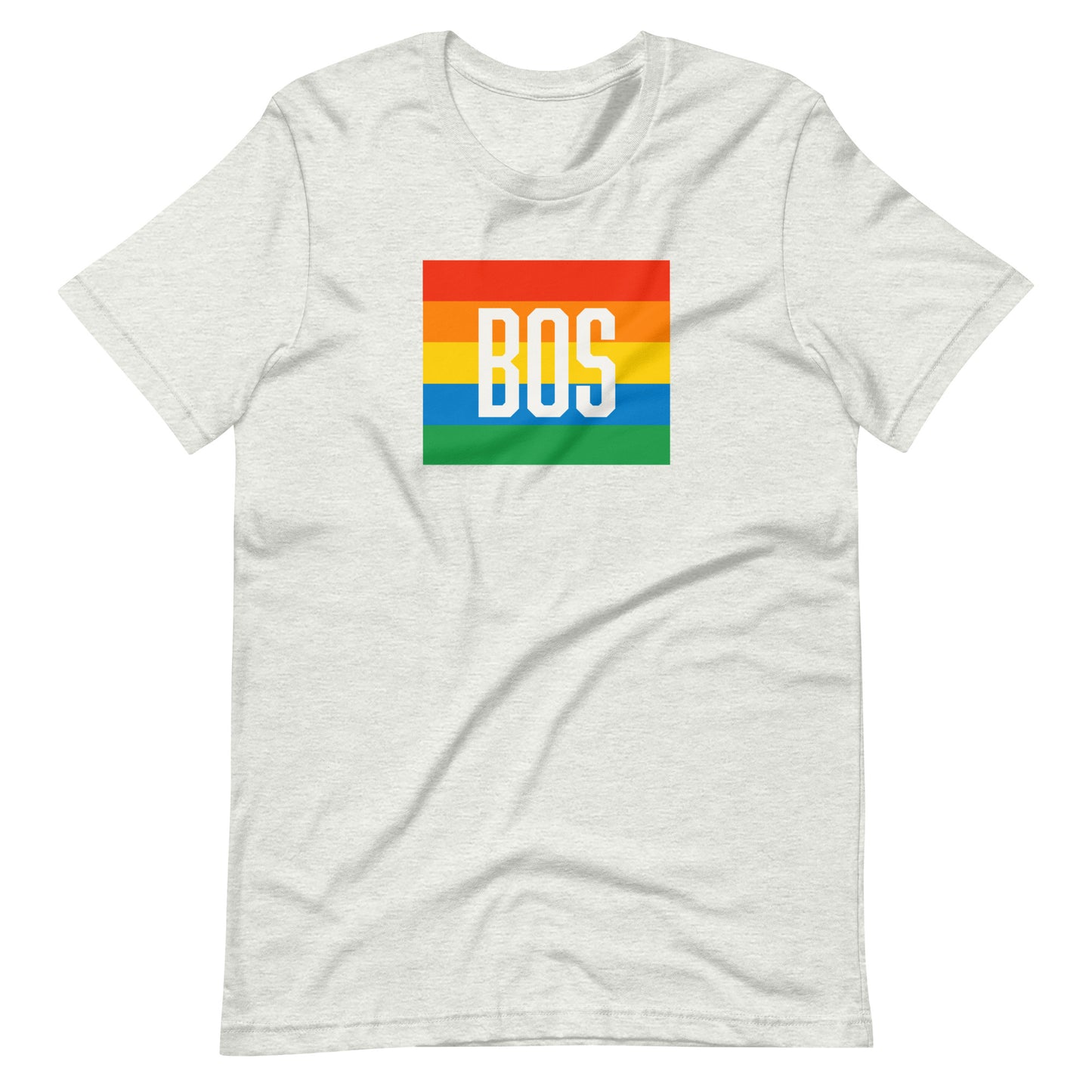 Boston t shirt, rainbow square behind BOS abbreviation, ash grey shirt