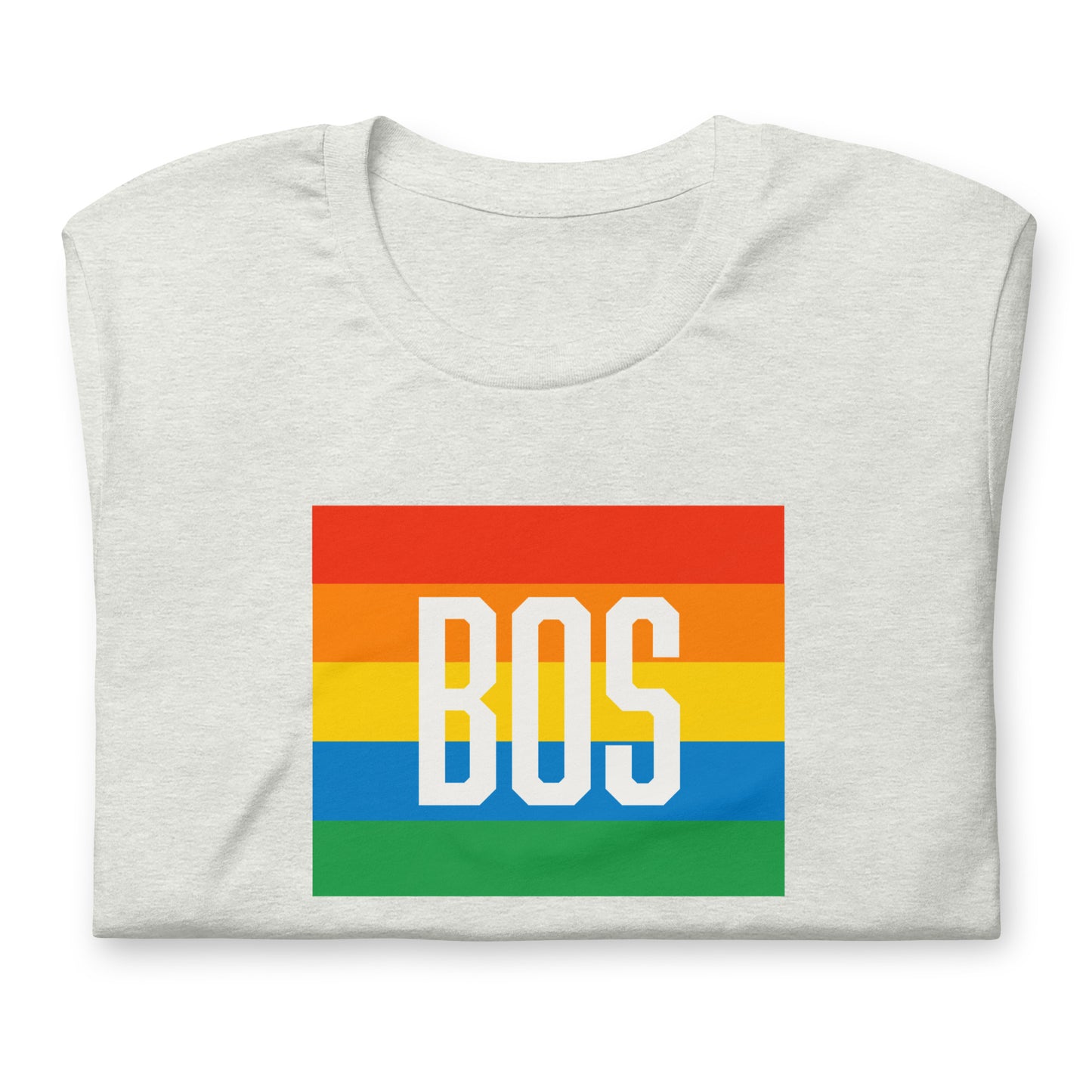 Boston t shirt, rainbow square behind BOS abbreviation, ash grey shirt, folded