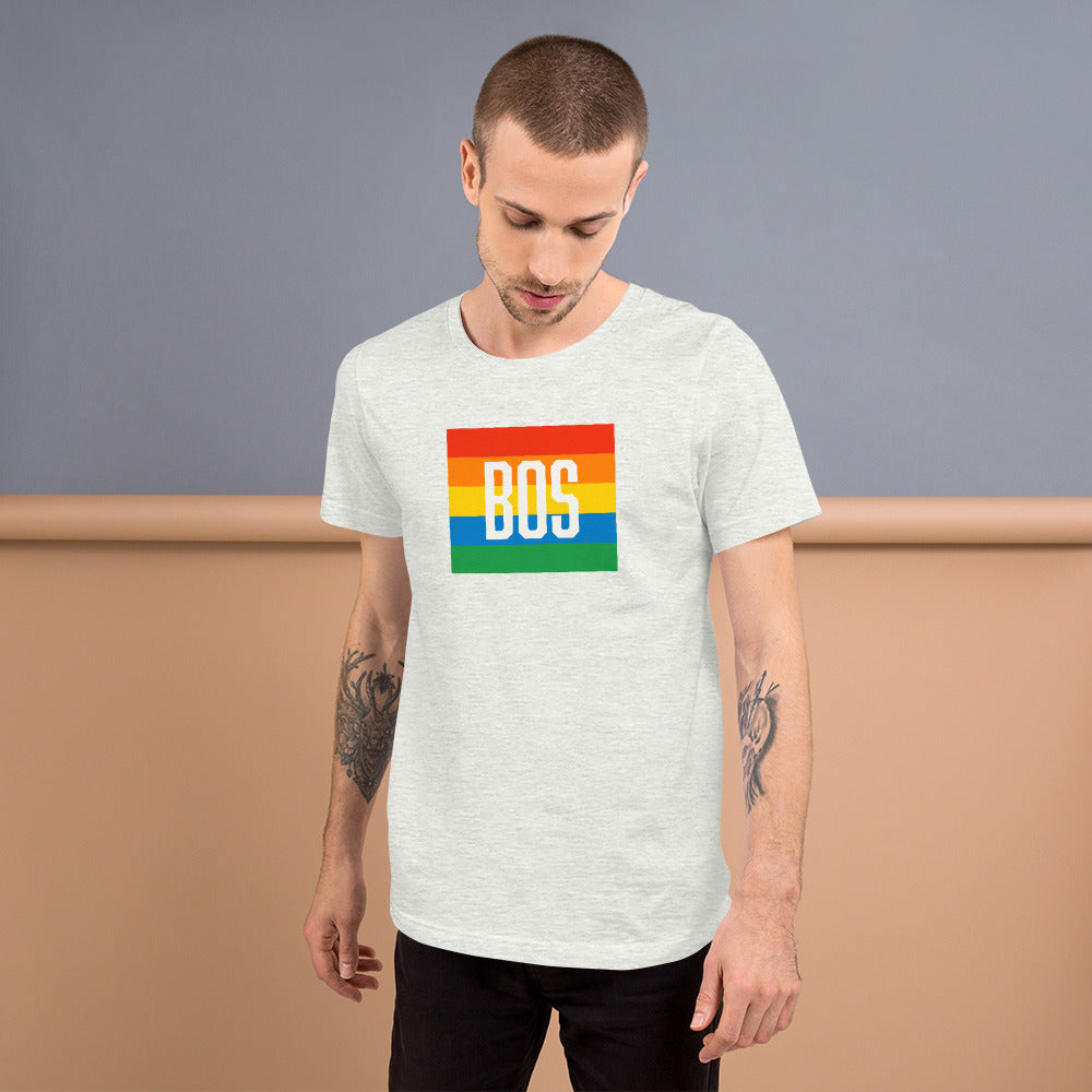 Boston t shirt, rainbow square behind BOS abbreviation, ash grey shirt, on model