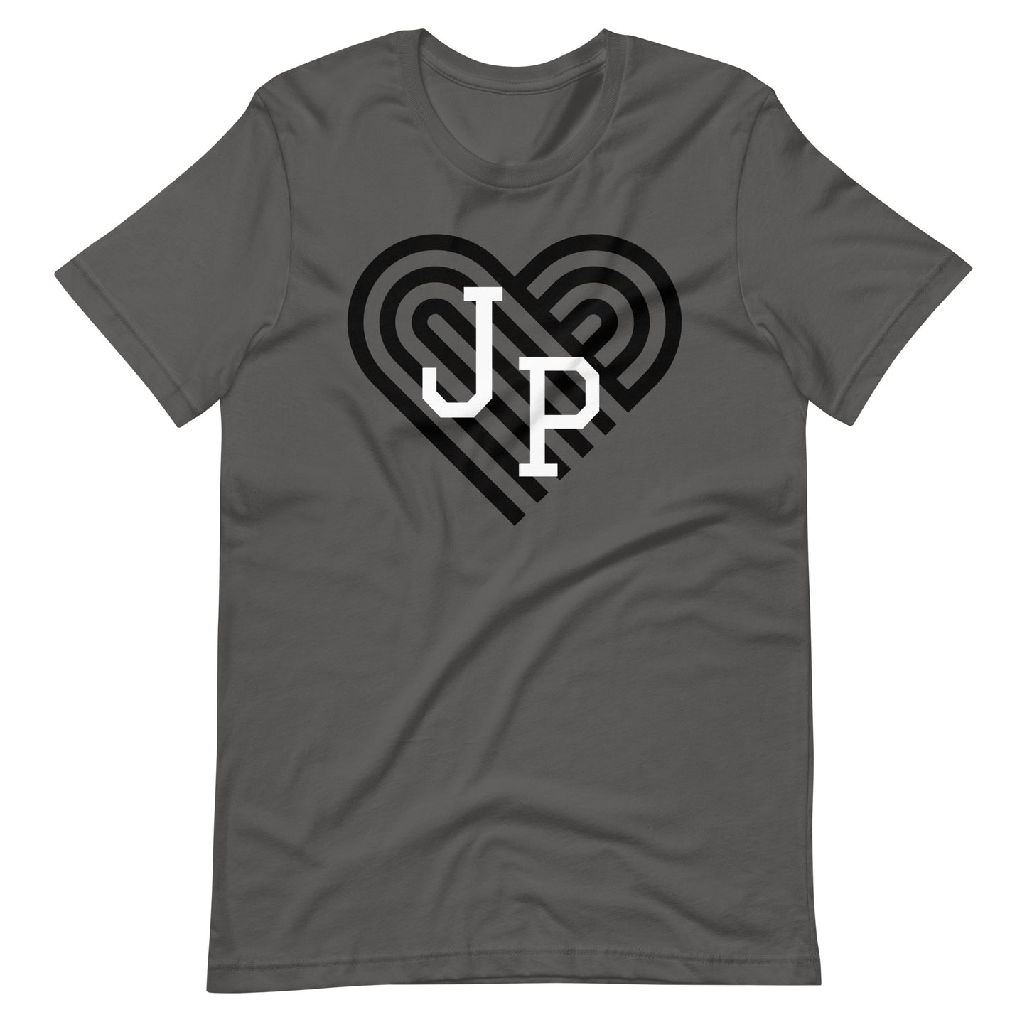 Jamaica Plain t shirt, with black heart behind "JP" letters in white. The shirt is grey.