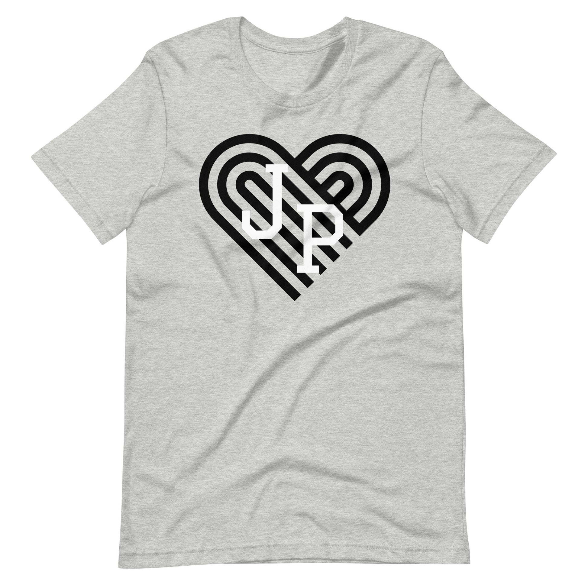 Jamaica Plain t shirt, with black heart behind "JP" letters in white. The shirt is light grey..