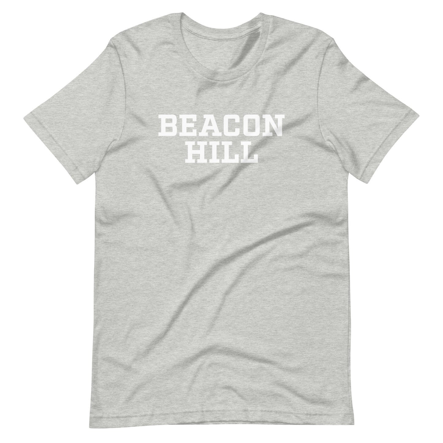 Graphic t shirt displaying "Beacon Hill", a neighborhood in Boston, MA. The shirt shown is grey.