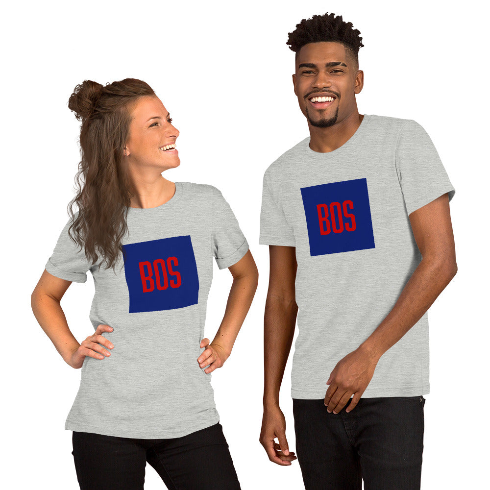 Boston t shirt with "BOS" abbreviation, grey, on male & female models