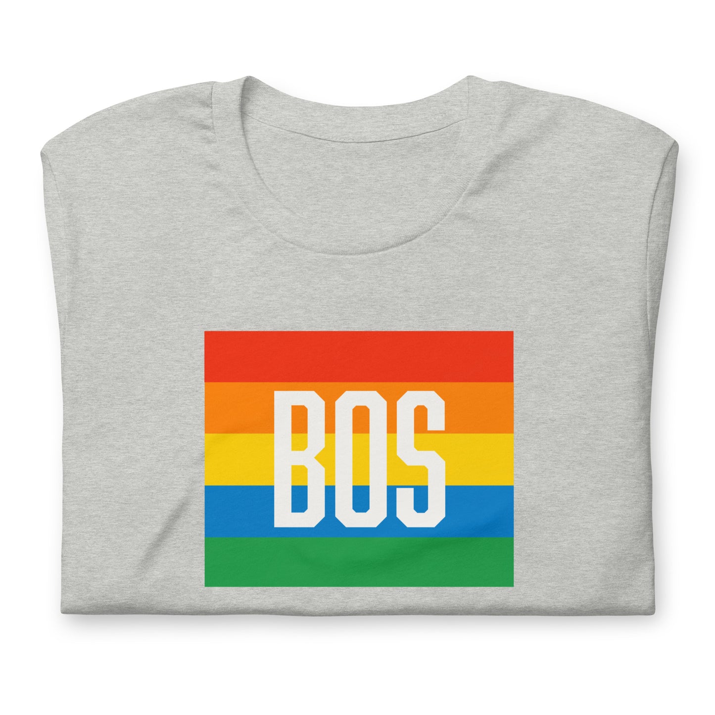 Boston t shirt, rainbow square behind BOS abbreviation, grey shirt, folded