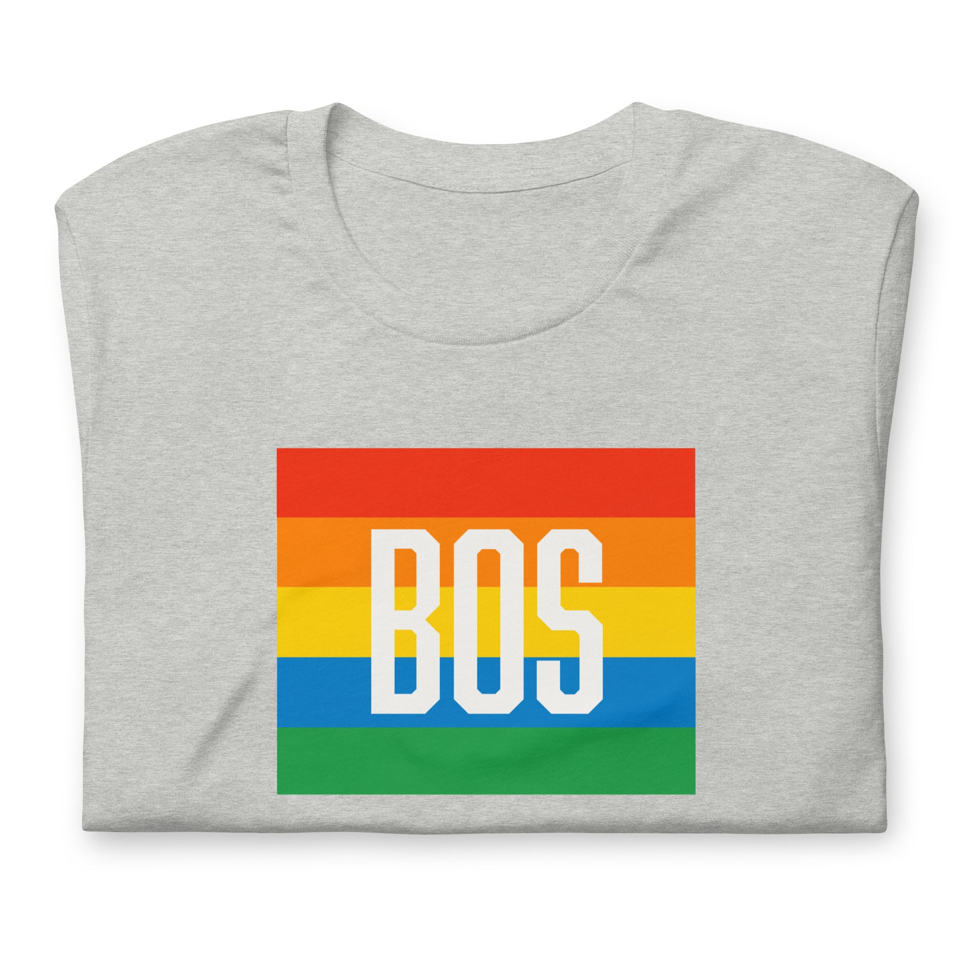 Boston t shirt, rainbow square behind BOS abbreviation, grey shirt, folded