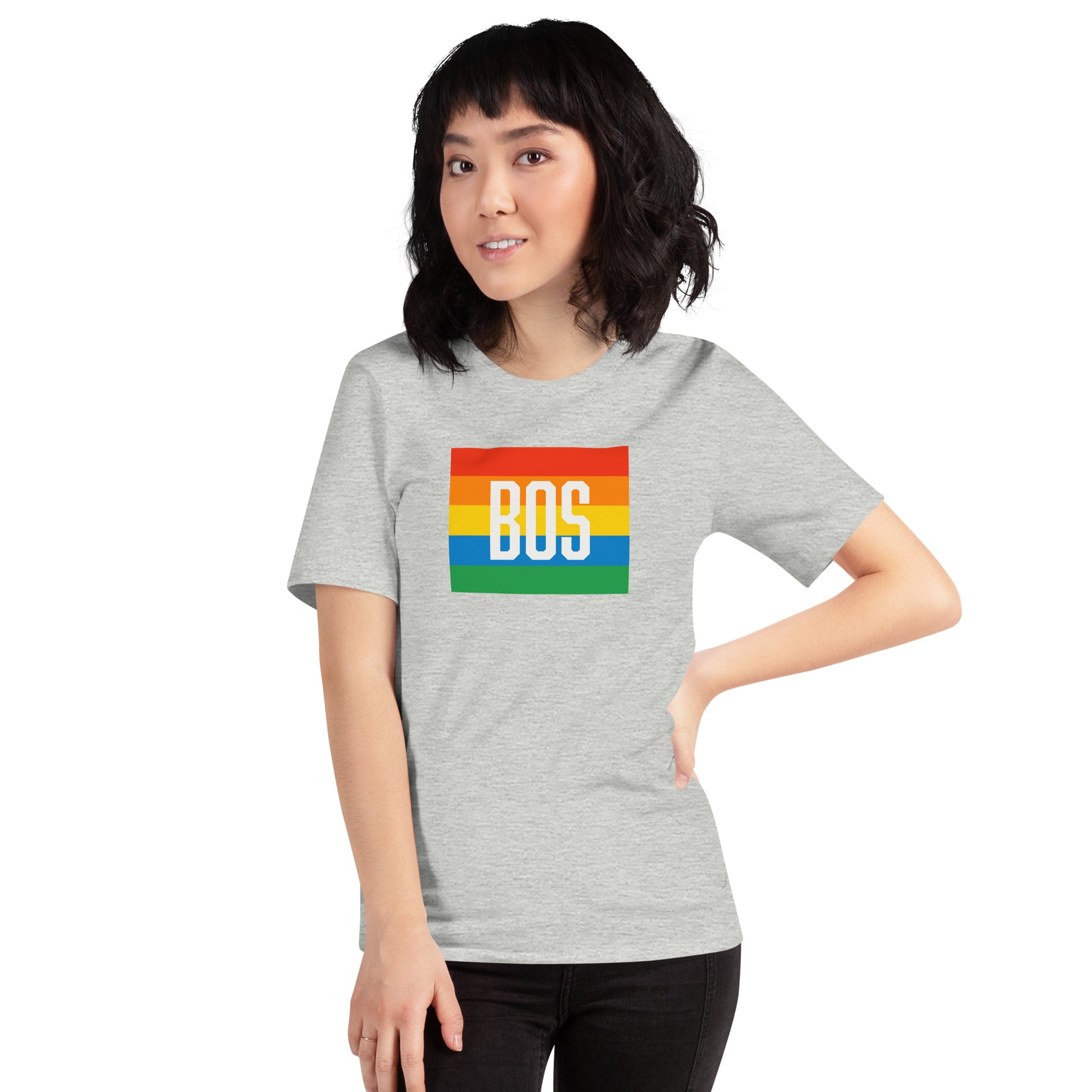 Boston t shirt, rainbow square behind BOS abbreviation,  grey shirt, on model