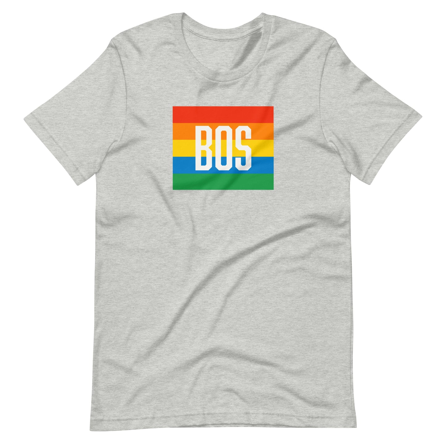 Boston t shirt, rainbow square behind BOS abbreviation, grey shirt