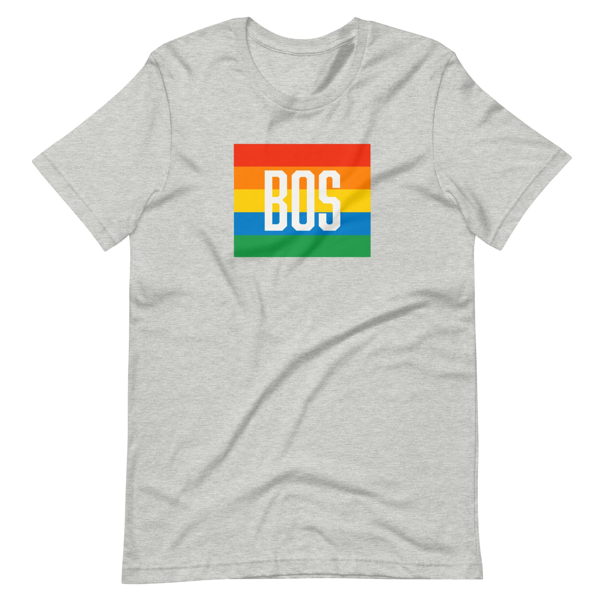 Boston t shirt, rainbow square behind BOS abbreviation, grey shirt